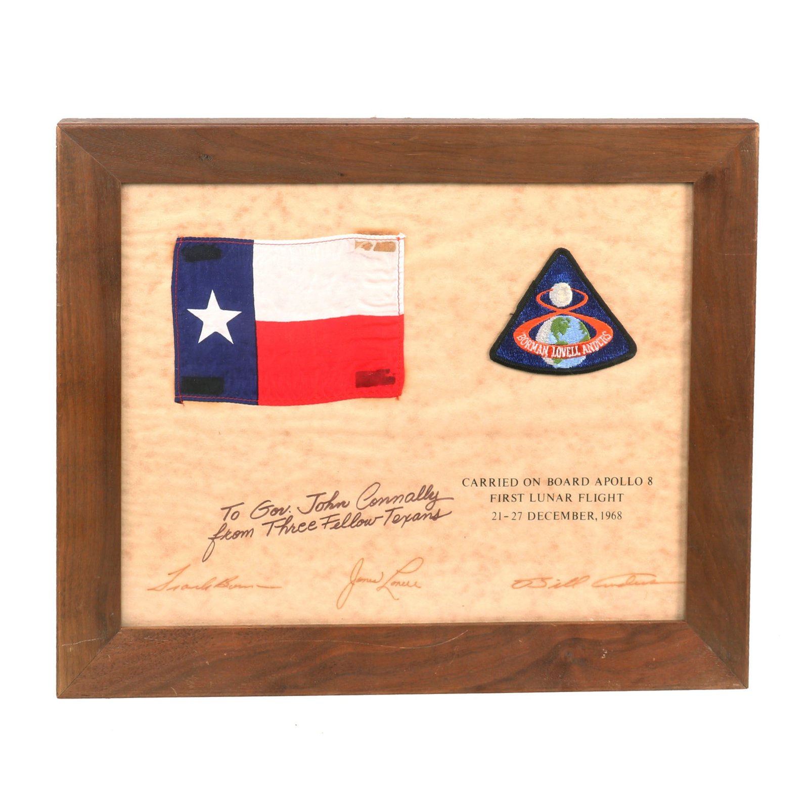 Buy Original U.S. NASA Framed Texas Flag Carried On Board Apollo 8 with Signatures of the Three Astronauts Gifted to Texas Governor John Connally - First Lunar Flight - 16½ x 13½” | Original Firearms Antique For Sale