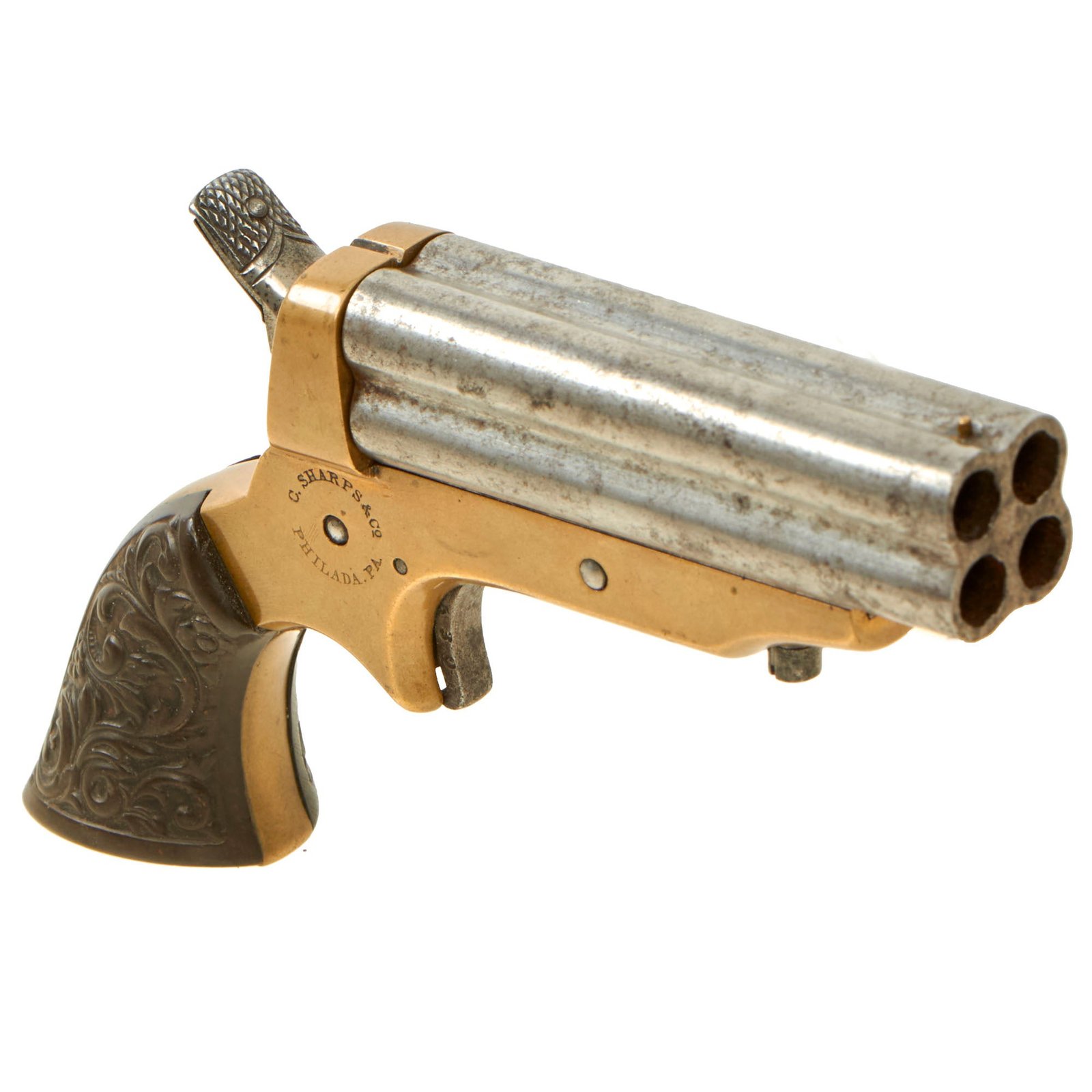 Buy Original U.S. 19th Century Sharps Model 2C .30 Rimfire 4 Barrel Brass Frame Pepperbox Pistol with Ornate Gutta Percha Grips - Serial 492 | Original Firearms Antique For Sale