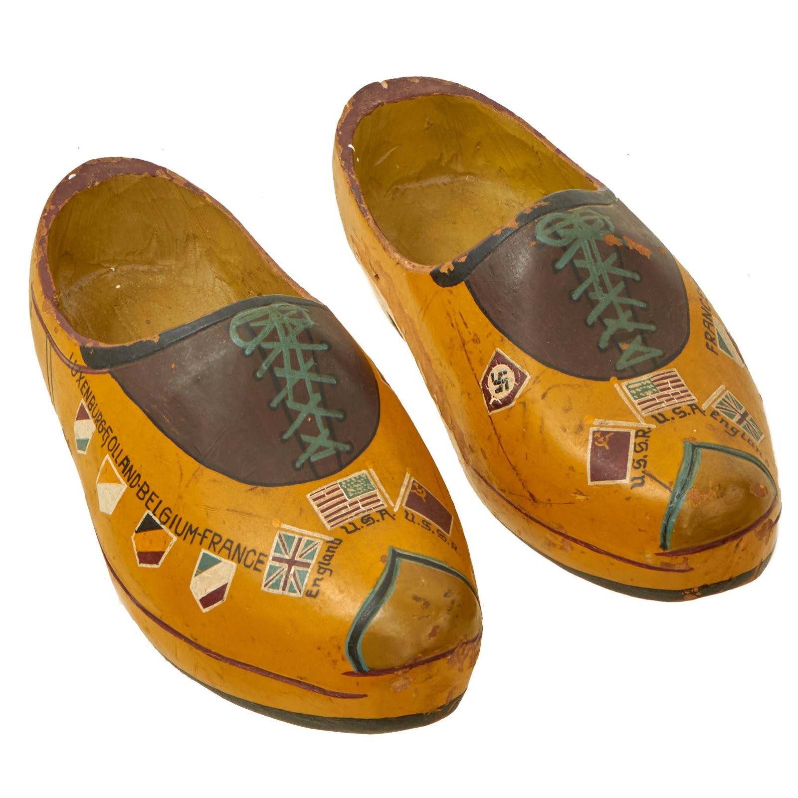Buy Original U.S. WWII Flag Painted Dutch Wood Clogs with Flags of Allies & Germany - USGI Bring Back | Original Firearms Antique For Sale