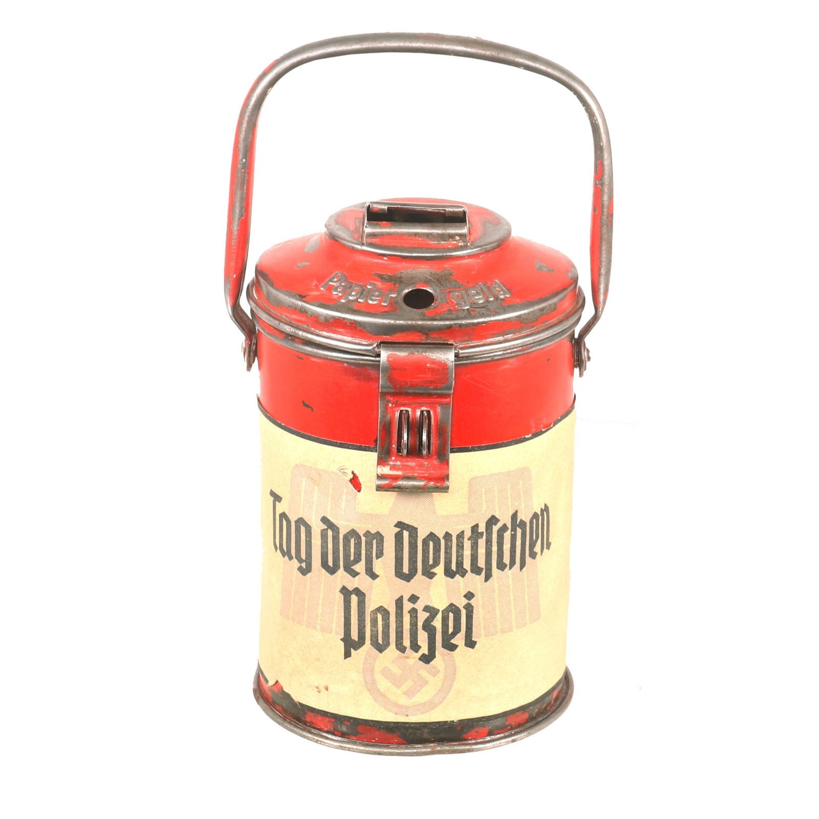 Buy Original German WWII WHW Gau Oberdonau Donation Can by Westermann & Co Neheim-Ruhr with Rare Paper Label for German Police Day | Original Firearms Antique For Sale