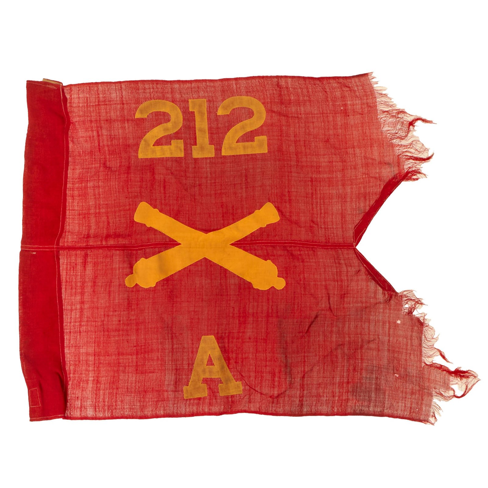 Buy Original U.S. WWII 212th Artillery Group Battery A Swallowtail Guidon Pennant - Heavily Flown & Worn - 20 x 24” | Original Firearms Antique For Sale
