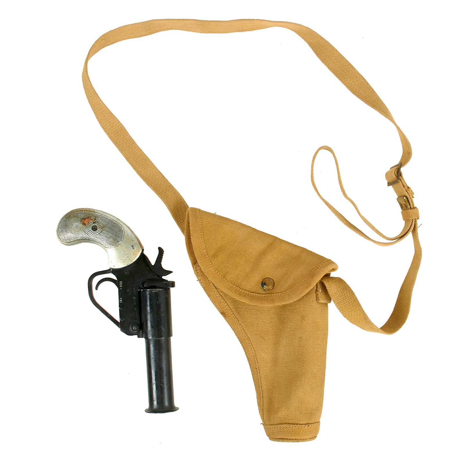 Buy Original British WWII Webley No.1 Mk.5 Flare Signal Pistol with Aluminum Grip & Canvas Holster | Original Firearms Antique For Sale