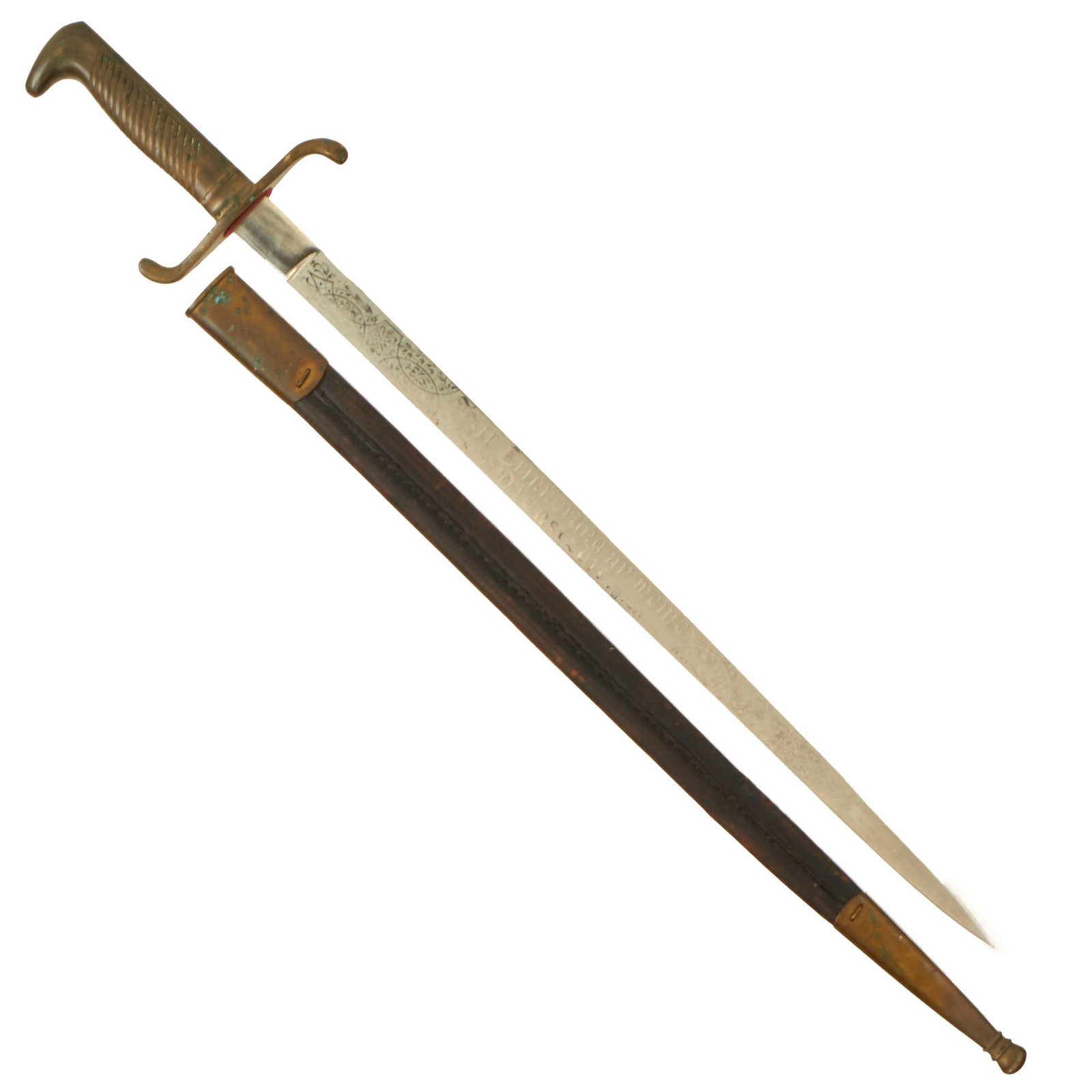 Buy Original German M-1871 Mauser "Walking Out" Etched Parade Dress Bayonet with Scabbard & “My Time in Service” Motto by N. Rommelfanger | Original Firearms Antique For Sale