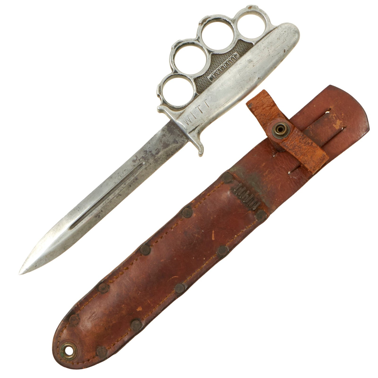 Buy Original U.S. WWII Rare Named Everitt Green Handle Knuckle Fighting Knife with Matching Named Scabbard | Original Firearms Antique For Sale