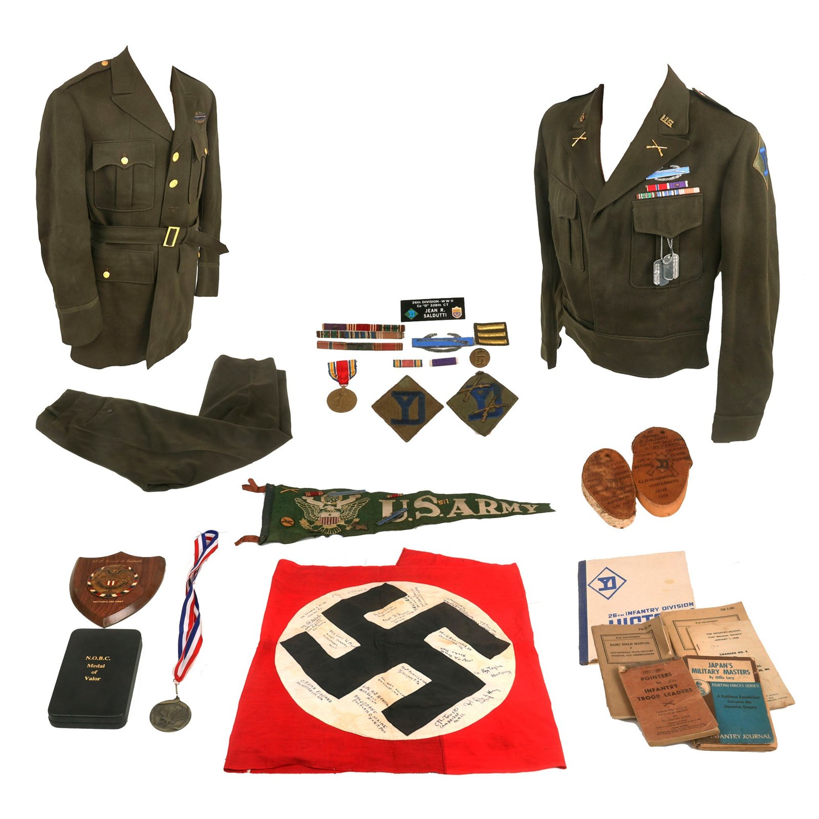 Buy Original U.S. WWII Battle of the Bulge Bronze Star Recipient Uniform & Captured Signed German Flag Grouping - Interview Published Online - Lt. Samuel A. Saldutti, 328th Infantry, 26th Yankee Infantry Division | Original Firearms Antique For Sale