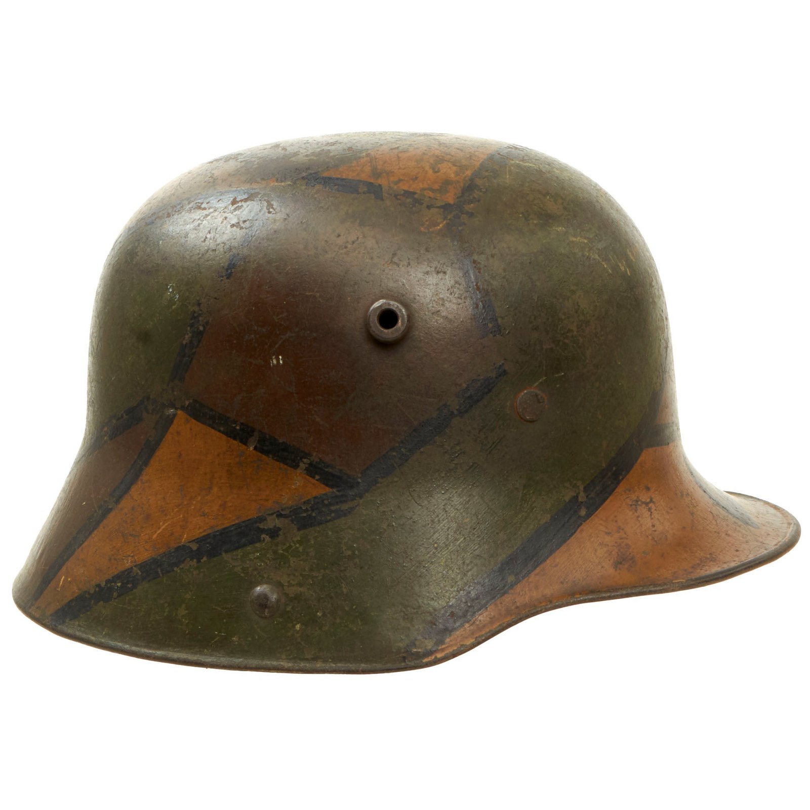 Buy Original Imperial German WWI M16 Stahlhelm Helmet with Panel Camouflage Paint and Partial Leather Liner - Rare Maker W66 | Original Firearms Antique For Sale