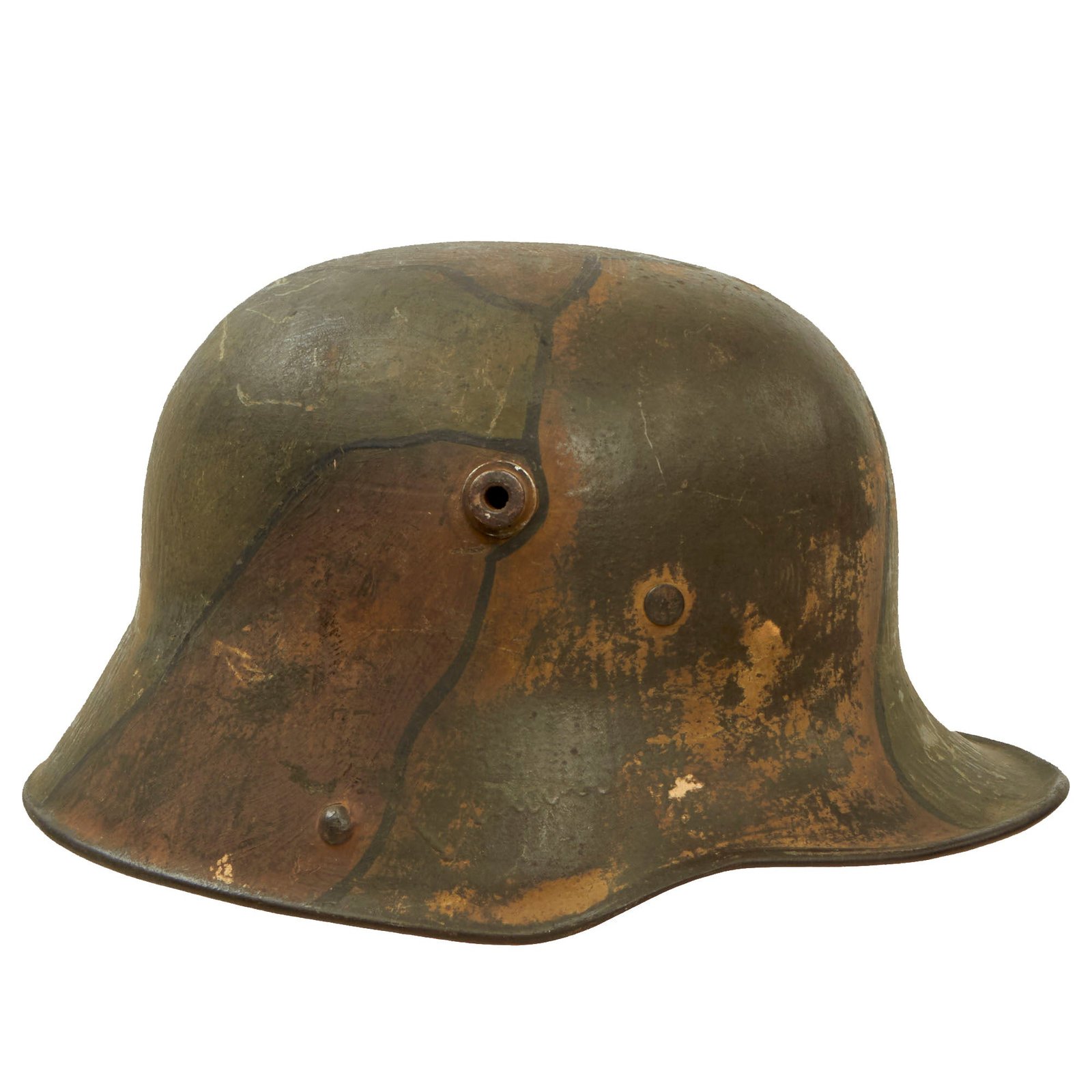 Buy Original German WWI M16 Stahlhelm Helmet with Panel Camouflage Paint & Full M17 Liner with Detached Chinstrap - Marked BF64 | Original Firearms Antique For Sale