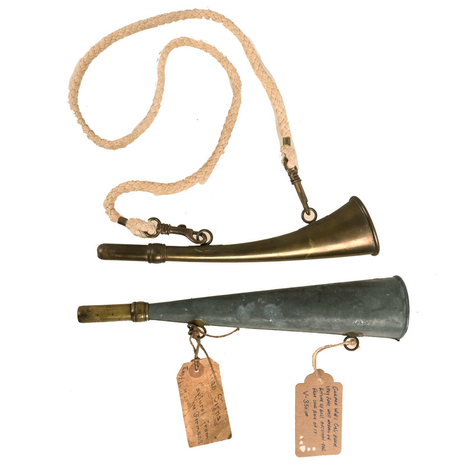 Buy Original Imperial German WWI Pair of Gas Signal Alarm Horns with French or U.S. Capture Provenance Tag - Maker Marked | Original Firearms Antique For Sale