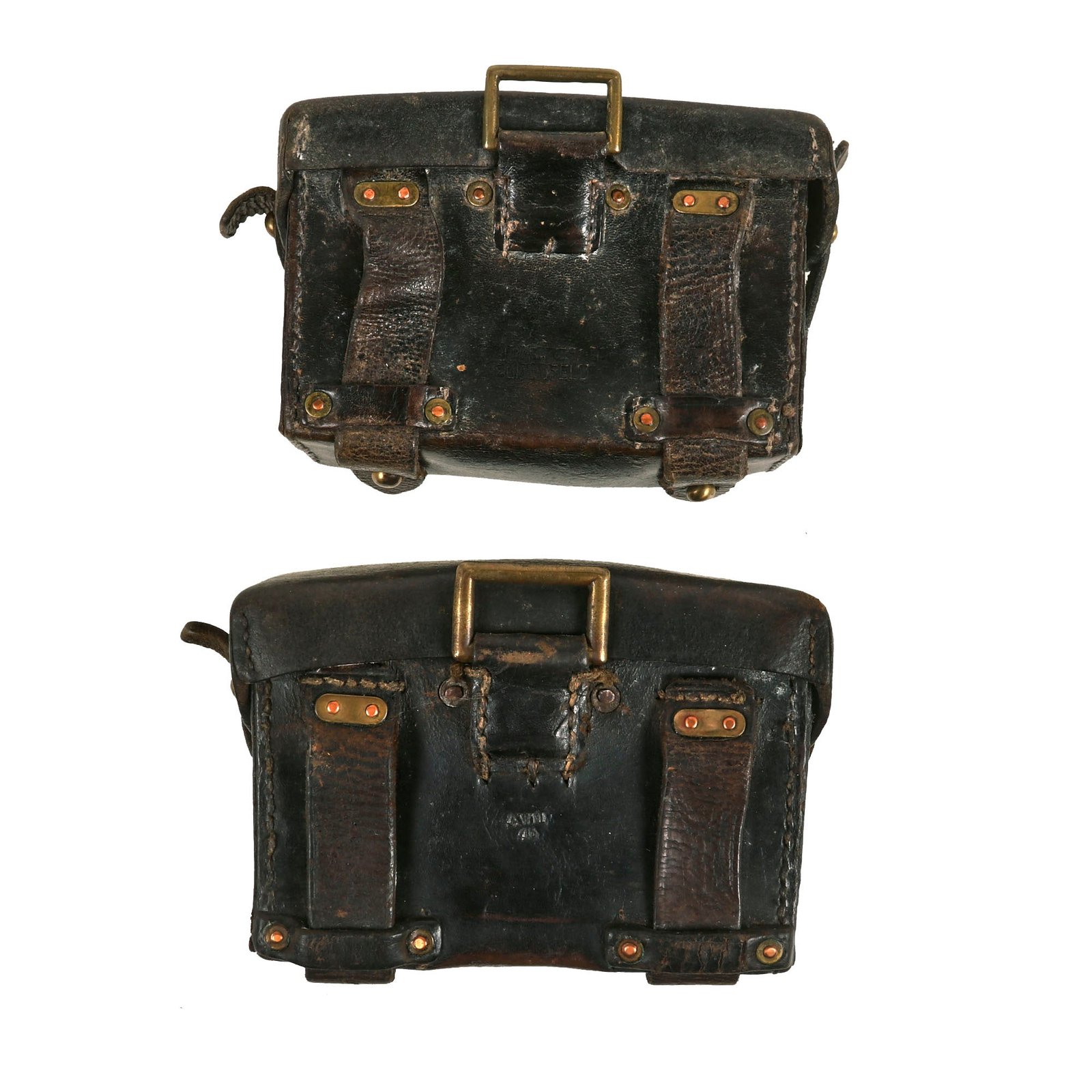Buy Original Imperial German Pre-WWI Pair of Gewehr 1888 Commission Rifle Ammunition Pouches with Unit Markings - Dated 1898 & 1906 | Original Firearms Antique For Sale