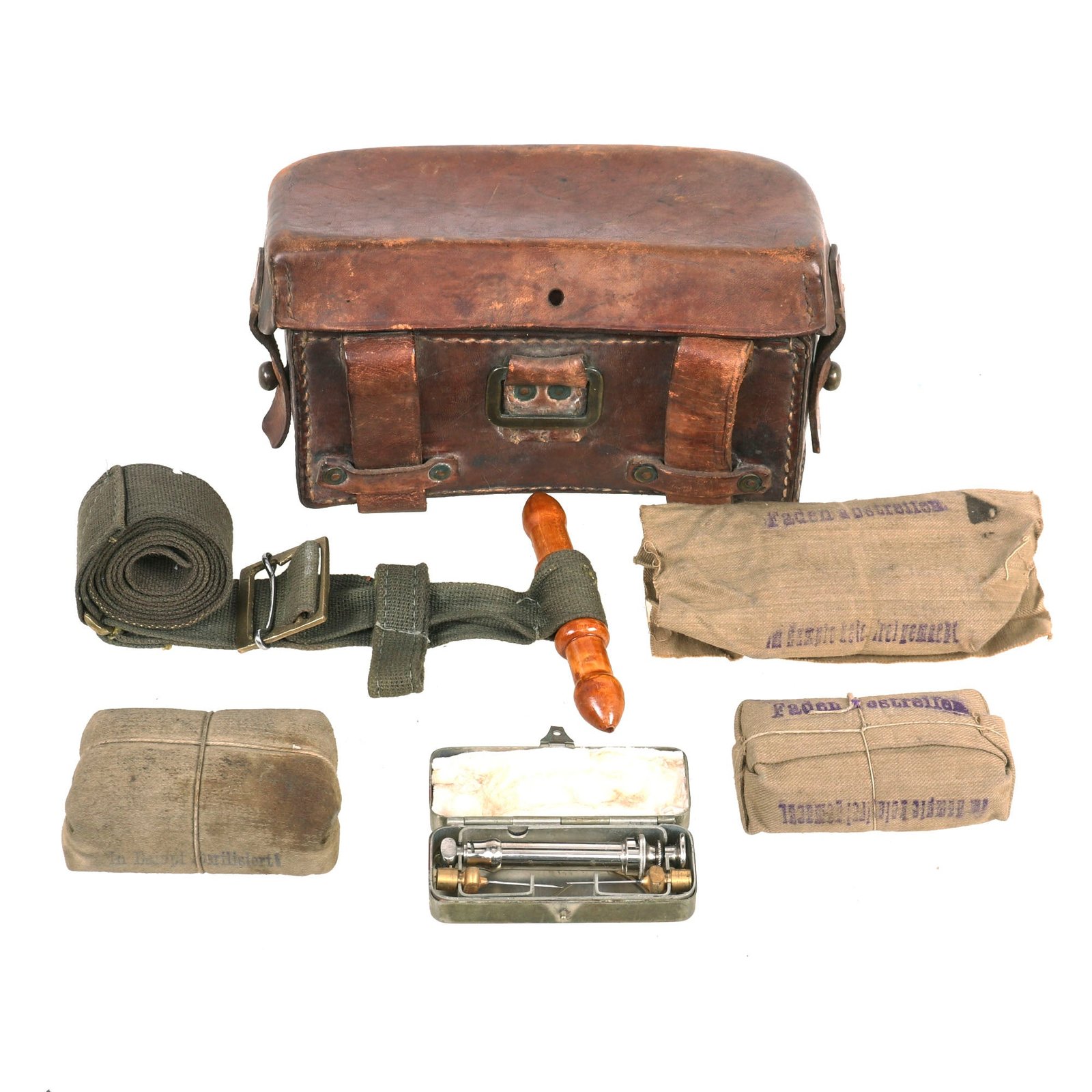 Buy Original Imperial German WWI Medical Orderly’s Pouch with Contents - Tourniquet, Bandages, & Syringe | Original Firearms Antique For Sale