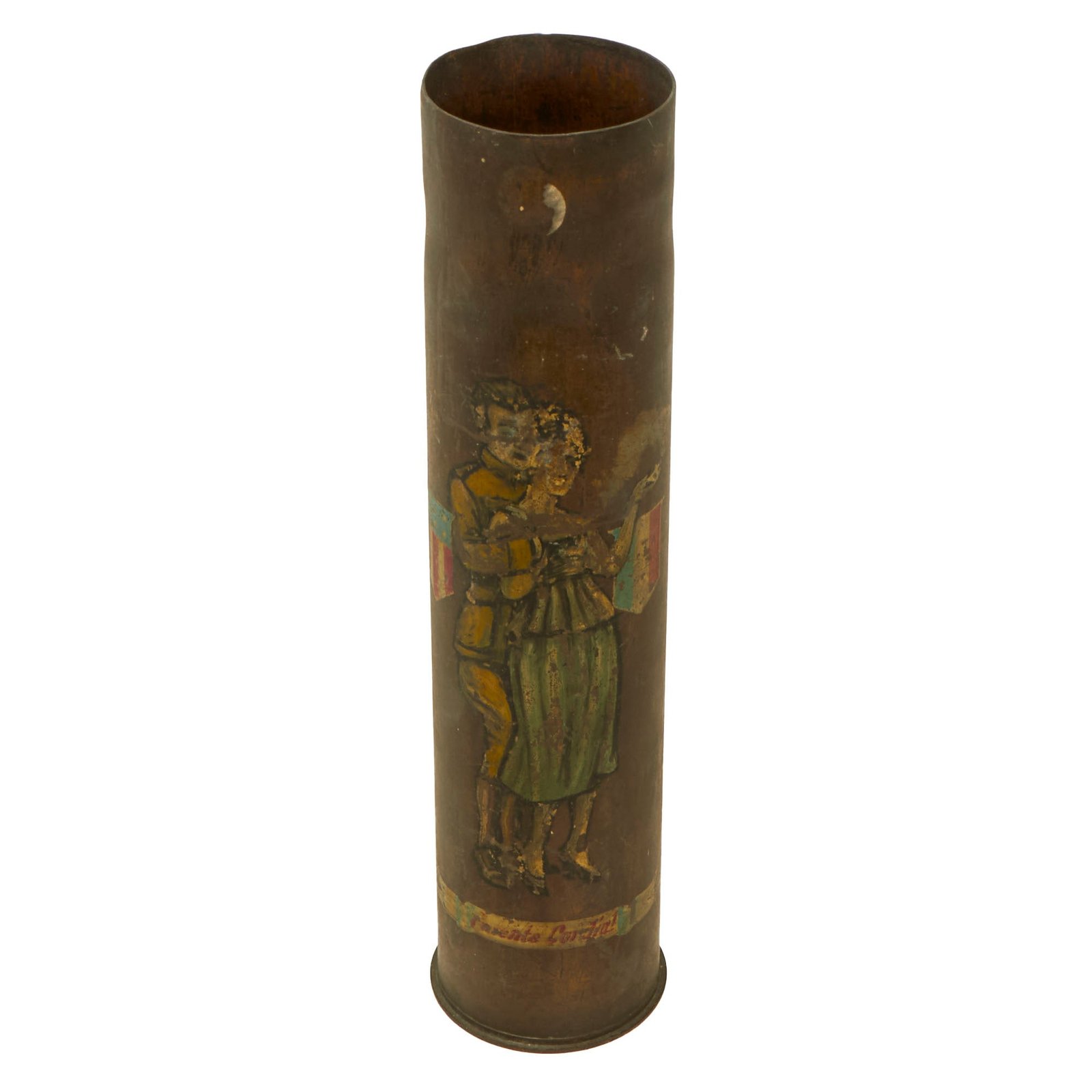 Buy Original U.S. WWI French 75mm Artillery Shell Trench Art Painted with Doughboy & French Woman | Original Firearms Antique For Sale