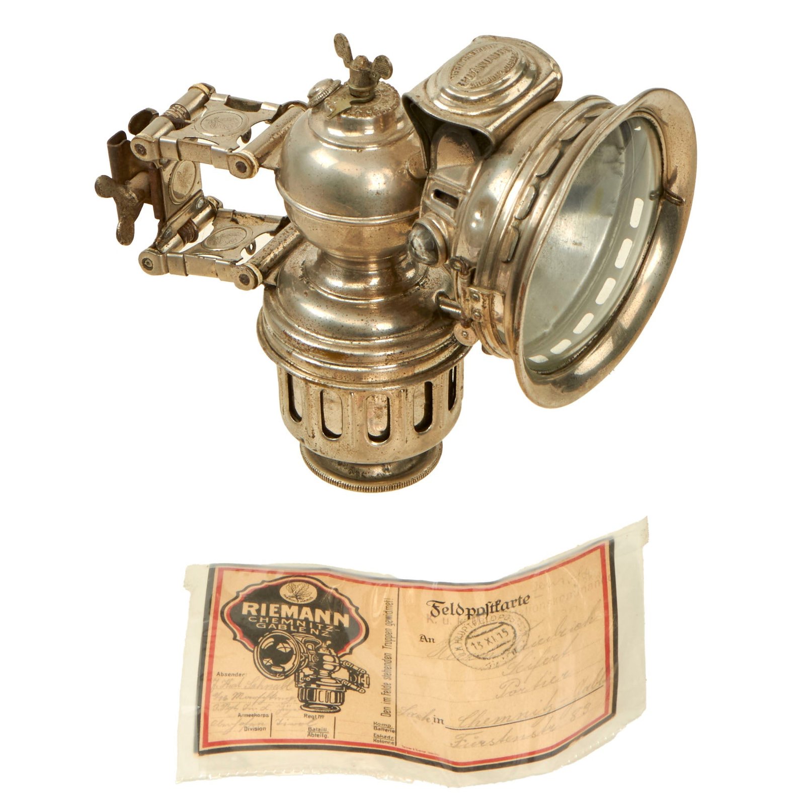 Buy Original Imperial German WWI Carbide Bicycle Head Lamp by Herm. Riemann Phänomen with Period Postcard | Original Firearms Antique For Sale