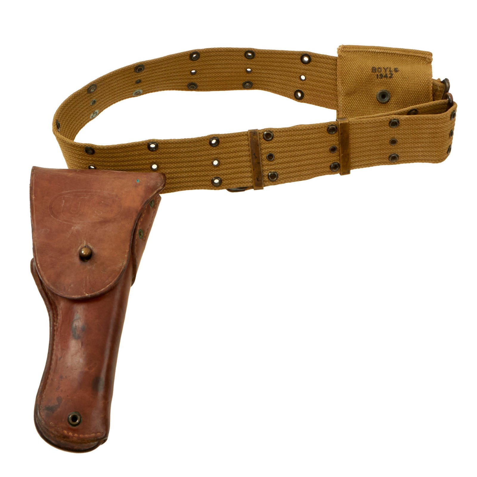 Buy Original U.S. WWII Officer’s Pistol Rig - M1936 Pistol Belt, M1911 Holster by Boyt, & Magazine Pouch | Original Firearms Antique For Sale