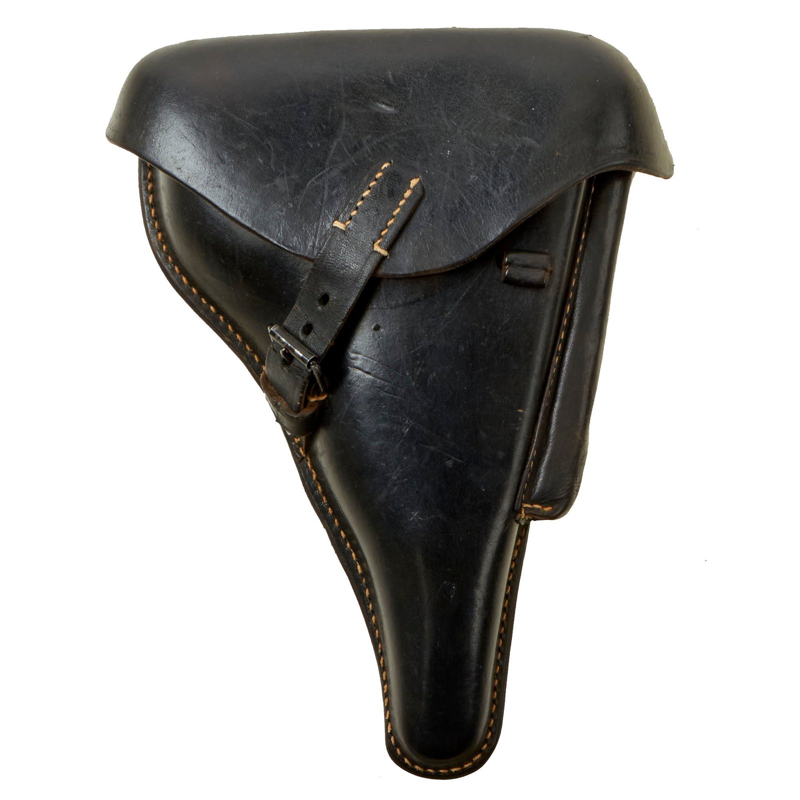 Buy Original German WWII P.08 Luger Pistol Black Leather Hardshell Holster with Wooden Placeholder Magazine by Otto Graf - Dated 1942 | Original Firearms Antique For Sale