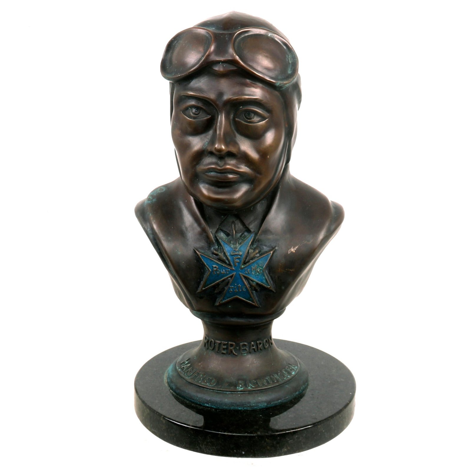 Buy Original Imperial German WWI Red Baron - Bust of Manfred von Richthofen on Marble Base Wearing Pour le Mérite by Ferdinand Preiss - “Roter Baron” - 17½” Tall | Original Firearms Antique For Sale