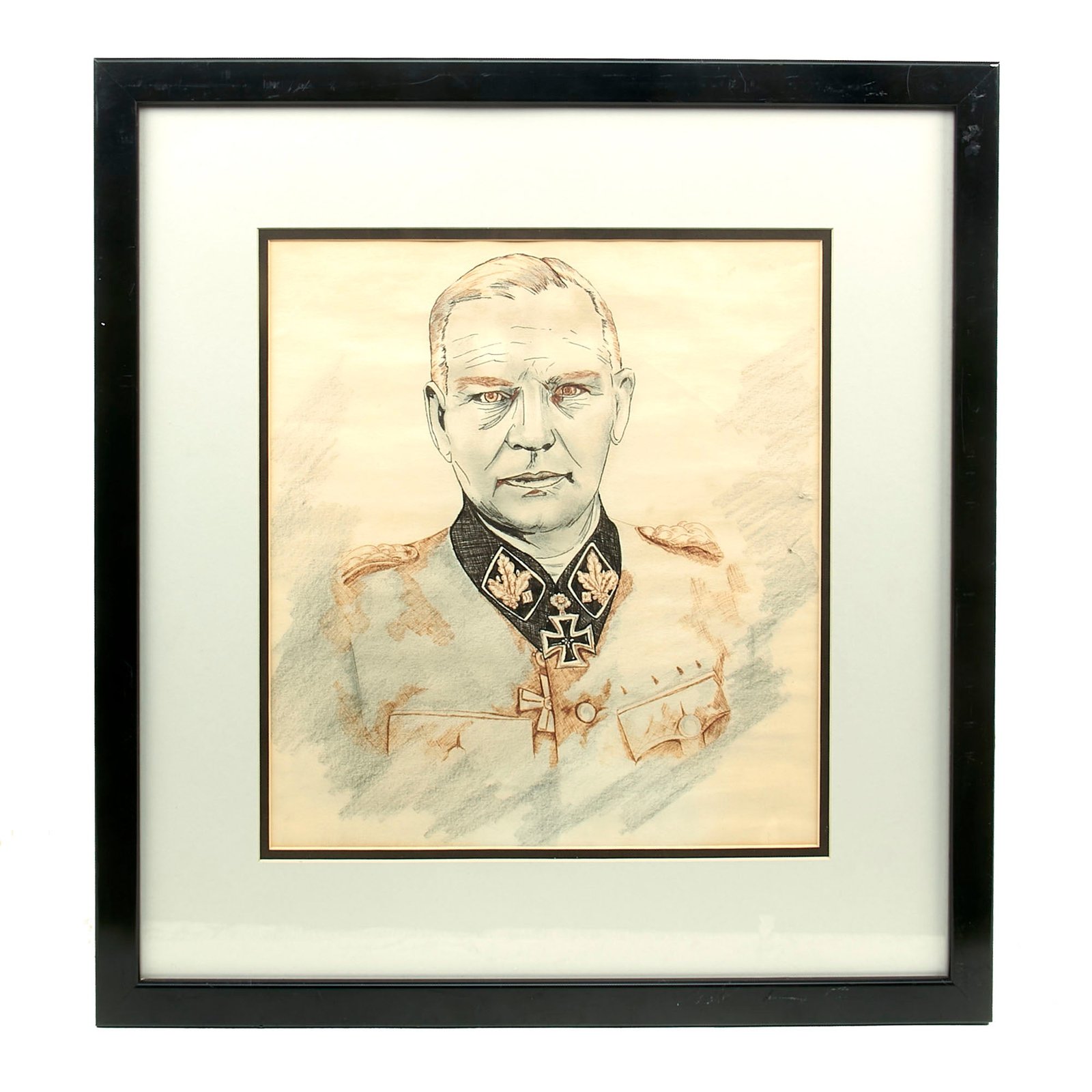Buy Original German WWII Framed Period Drawing of Knight’s Cross Recipient Felix Steiner with Reference Photo & Magazine - 19½ x 20½” | Original Firearms Antique For Sale