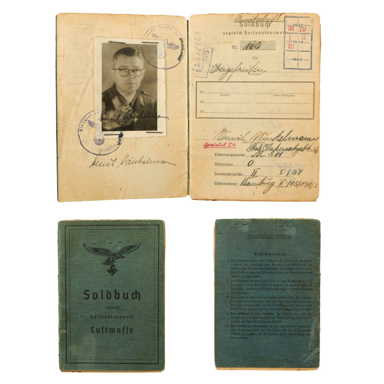 Buy Original WWII German Luftwaffe Soldbuch Identity & Payment Book for Flak NCO Obergefreiter Emil Winkelmann - Flak Regiment 40 | Original Firearms Antique For Sale