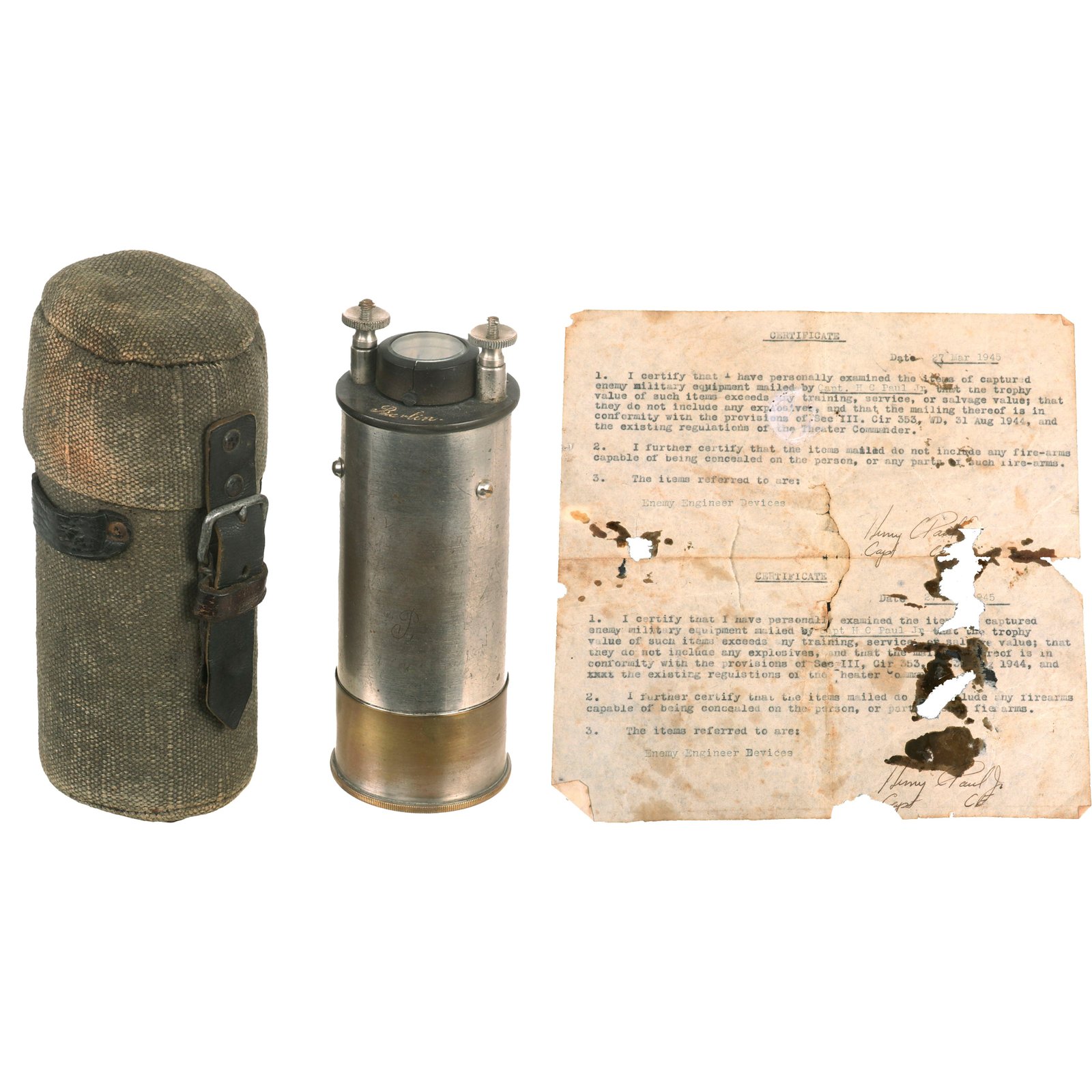 Buy Original U.S. WWII Captured German “Enemy Engineer Device” with Capture Paperwork - Captain Henry C. Paul Jr. | Original Firearms Antique For Sale