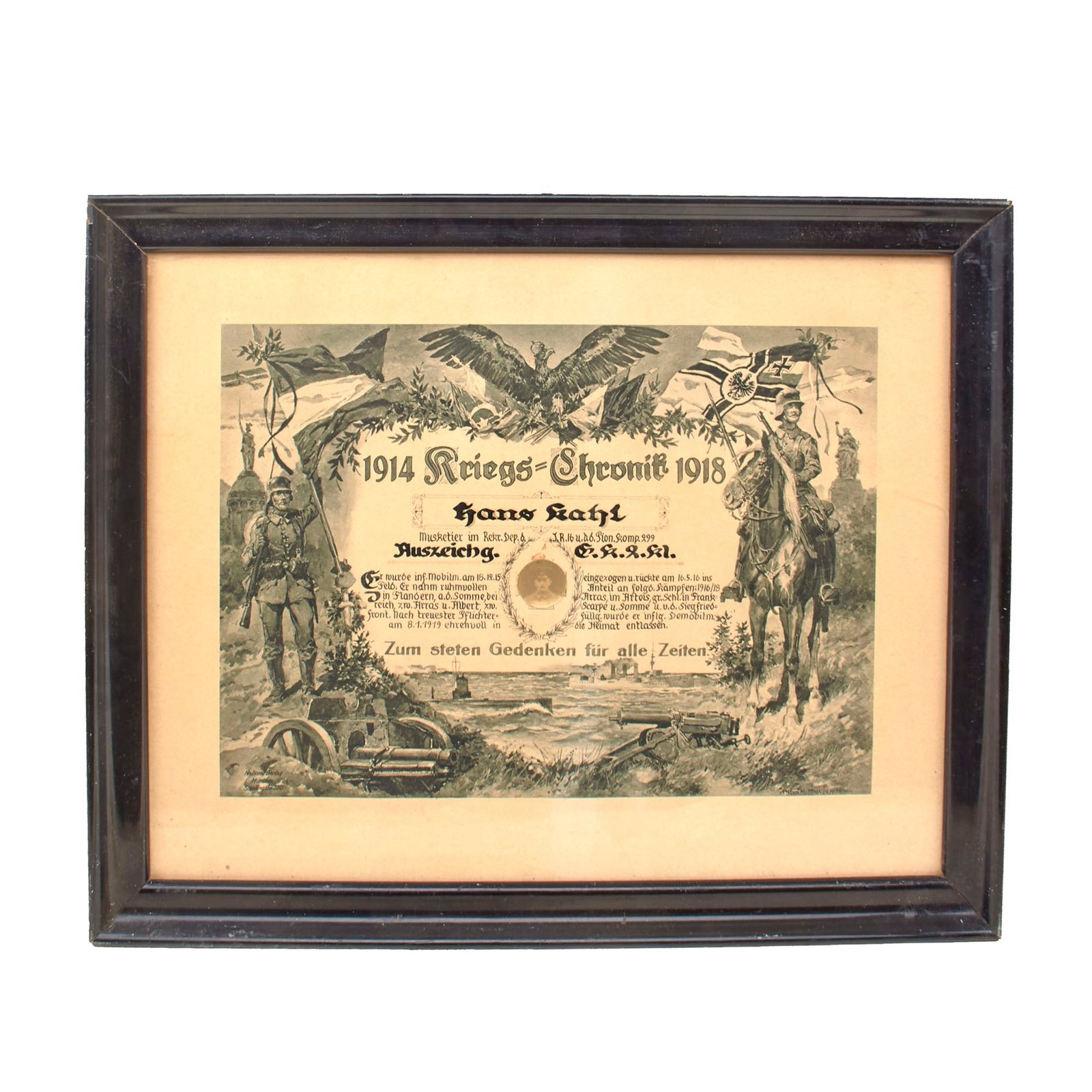 Original Imperial German WWI J.R. 16 Pioneer Company 299 Framed War Chronicle Document - 18 x 22 ¼”