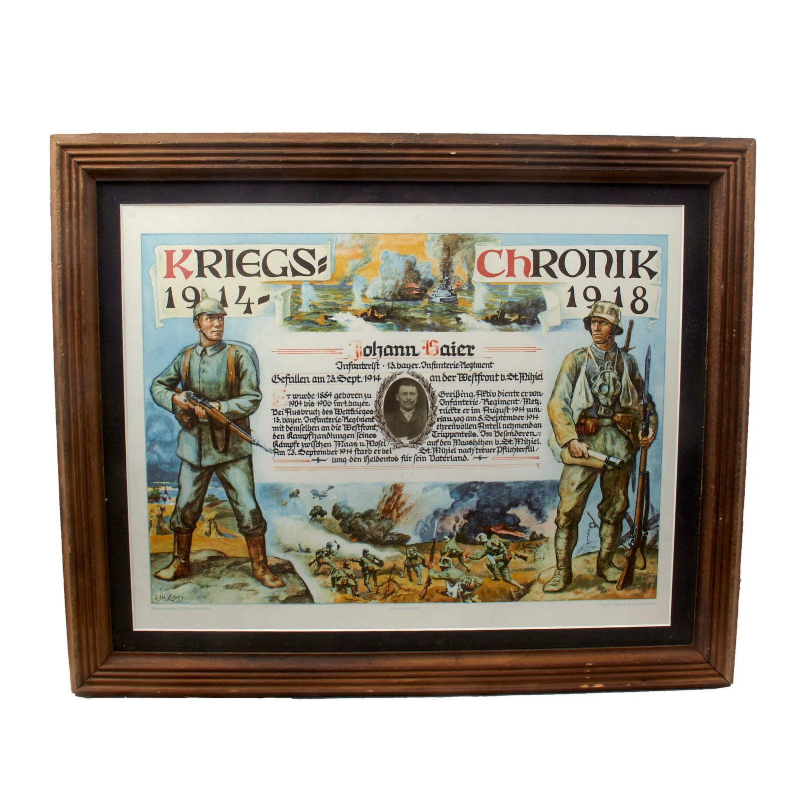 Buy Original Imperial German WWI 13th Bavarian Infantry Regiment Framed War Chronicle Document for KIA Soldier - Killed September 23rd, 1914 - 18½ x 22½” | Original Firearms Antique For Sale