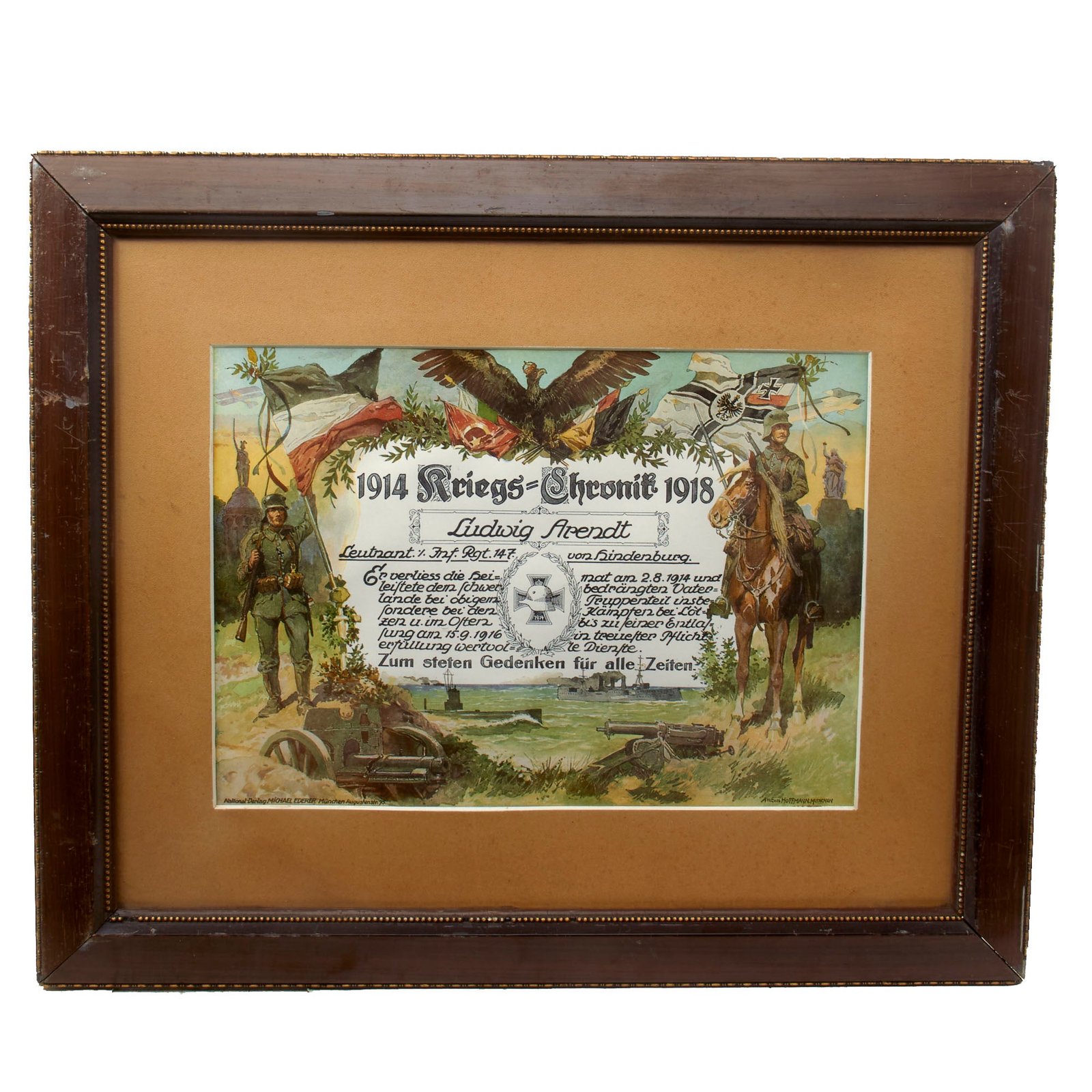Buy Original Imperial German WWI 147th Infantry Regiment Framed War Chronicle Document of Leutnant Ludwig Arendt - 18½ x 22¼” | Original Firearms Antique For Sale