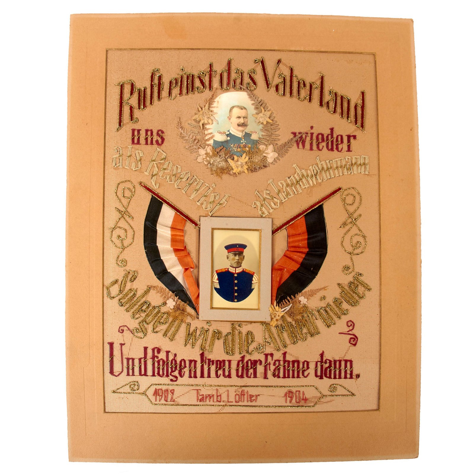 Original Imperial German Pre-WWI Embroidered Service Memento Soldier’s Portrait with Hand-Painted Uniform - Dated 1902-1904 - Needs Framing - 14 ¾ x 19 ¼”