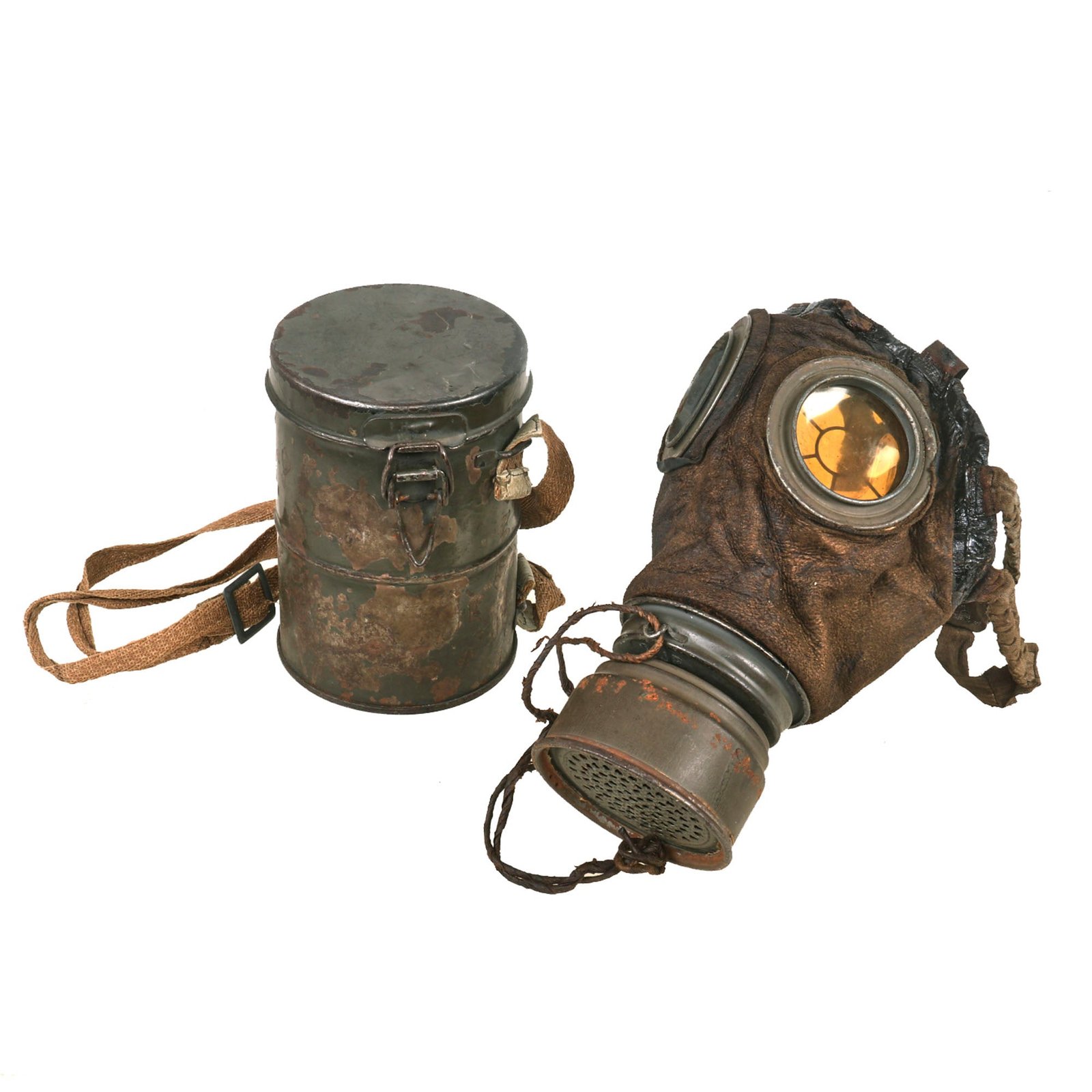 Buy Original Imperial German WWI Excellent M1917 Ledermaske Gas Mask & Canister with Original Ersatz Strap Retained & Spare Lenses | Original Firearms Antique For Sale