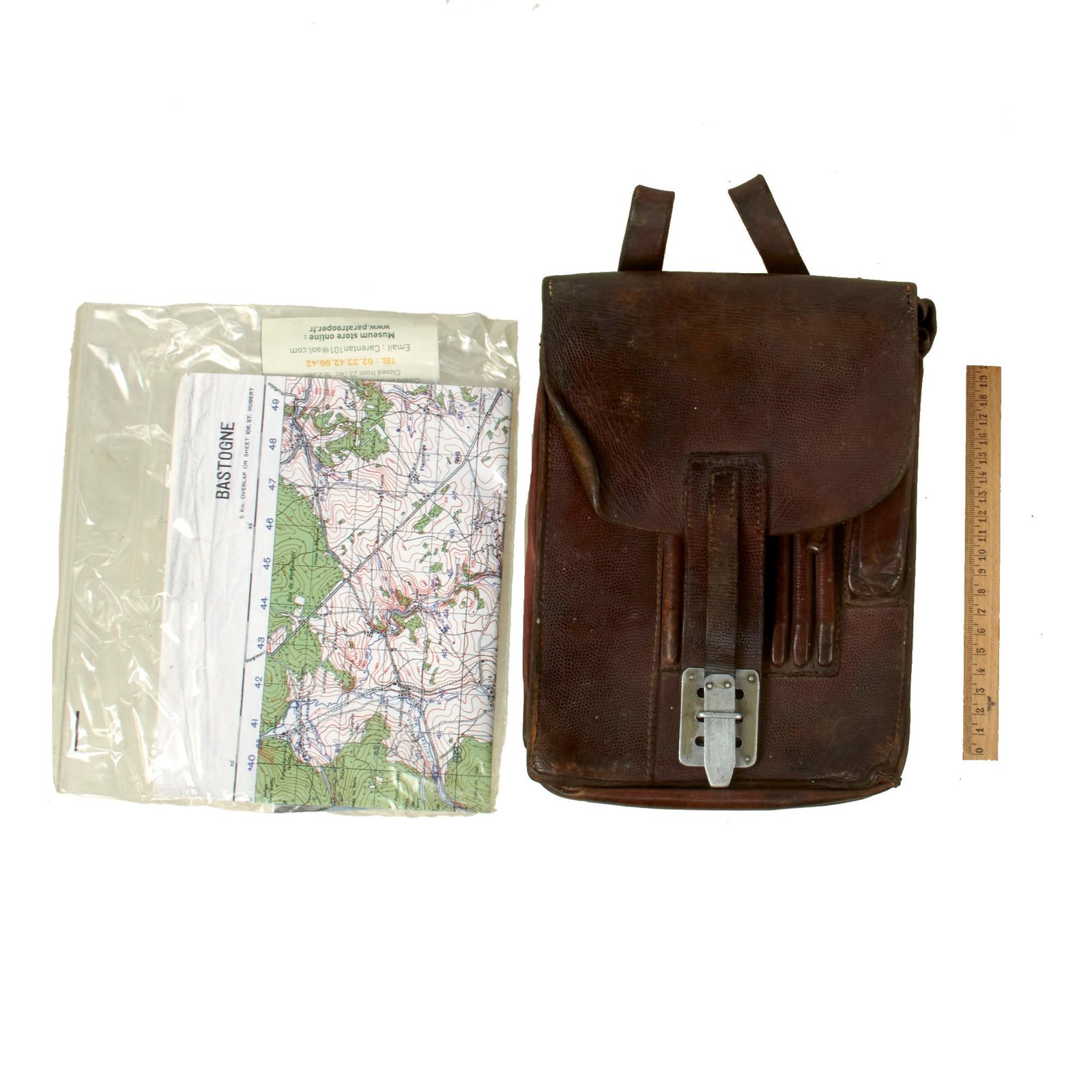 Buy Original German WWII Officer M35 Brown Leather Dispatch Map Case with Copy of U.S. Army Bastogne Map from Museum in Normandy | Original Firearms Antique For Sale