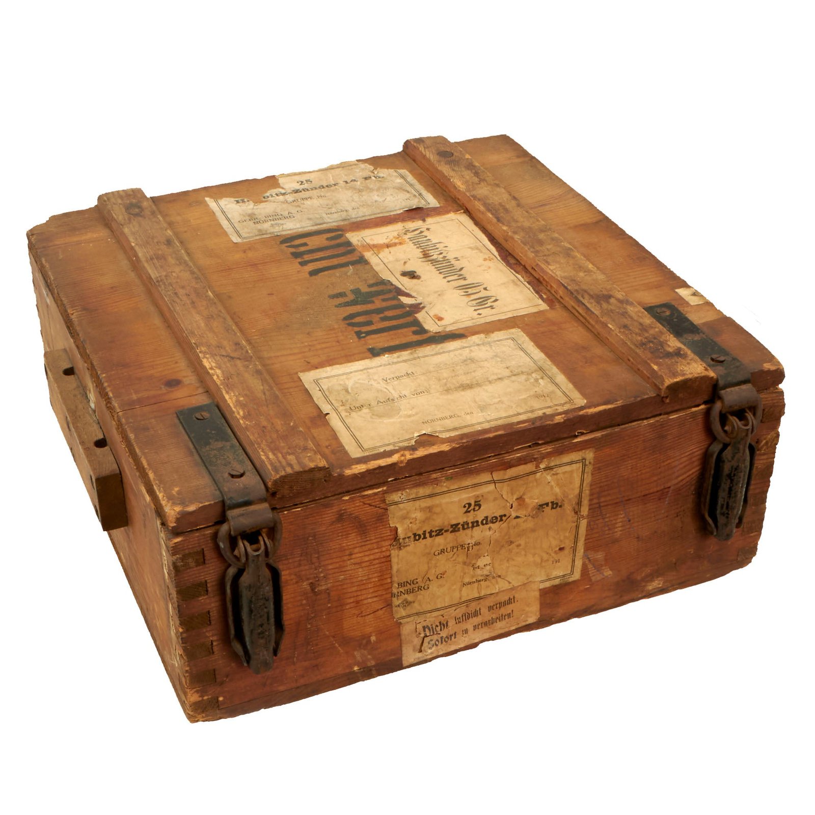 Buy Original Imperial German WWI Artillery Howitzer Detonator Crate with Labels by Gebrüder Bing of Nuremberg | Original Firearms Antique For Sale