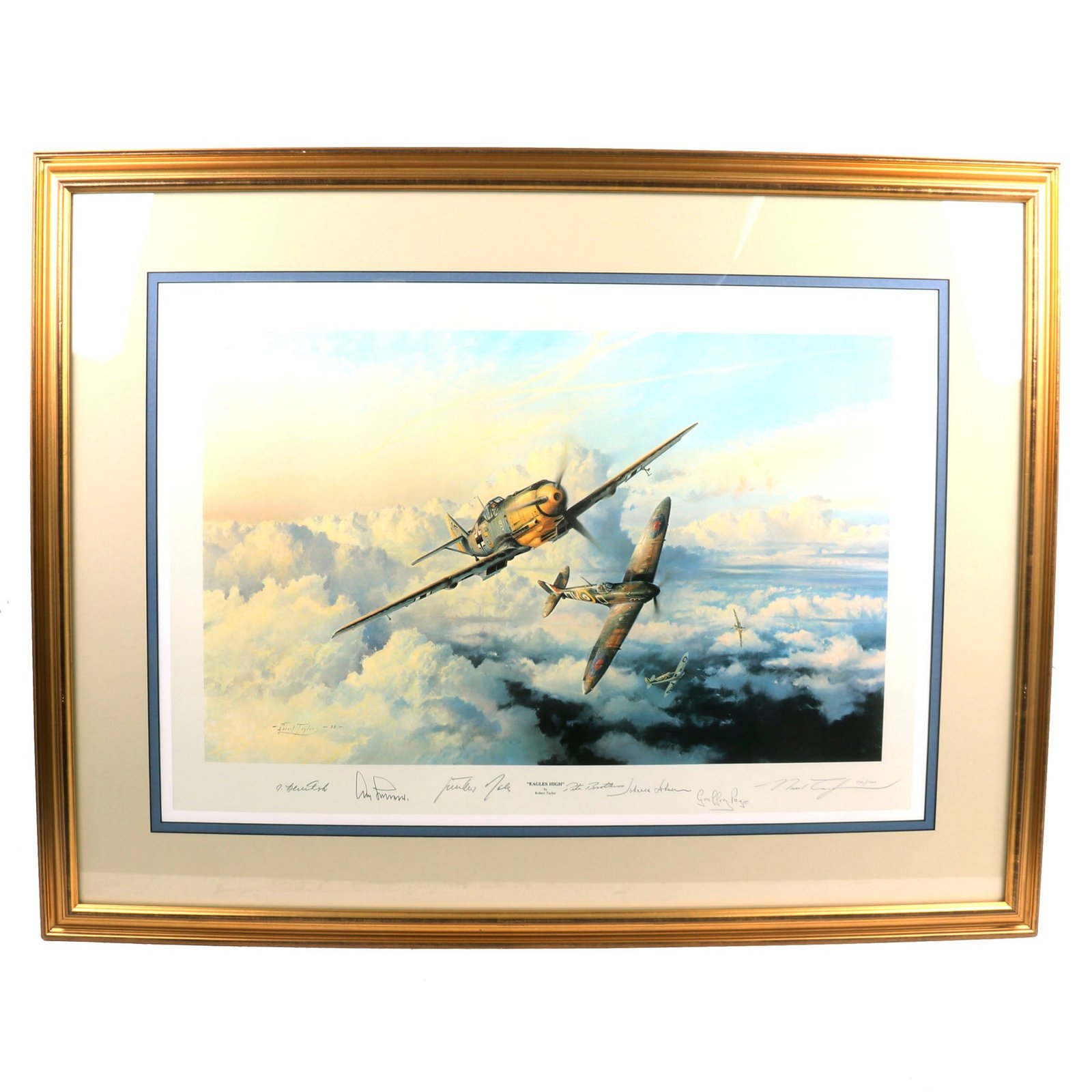Buy Original Signed Limited Edition Print: Framed “Eagles High” by Robert Taylor Signed by Six WWII Aces Including Gunther Rall & Pete Brothers with Certificate of Authenticity - 31 x 40” - 552/1000 | Original Firearms Antique For Sale