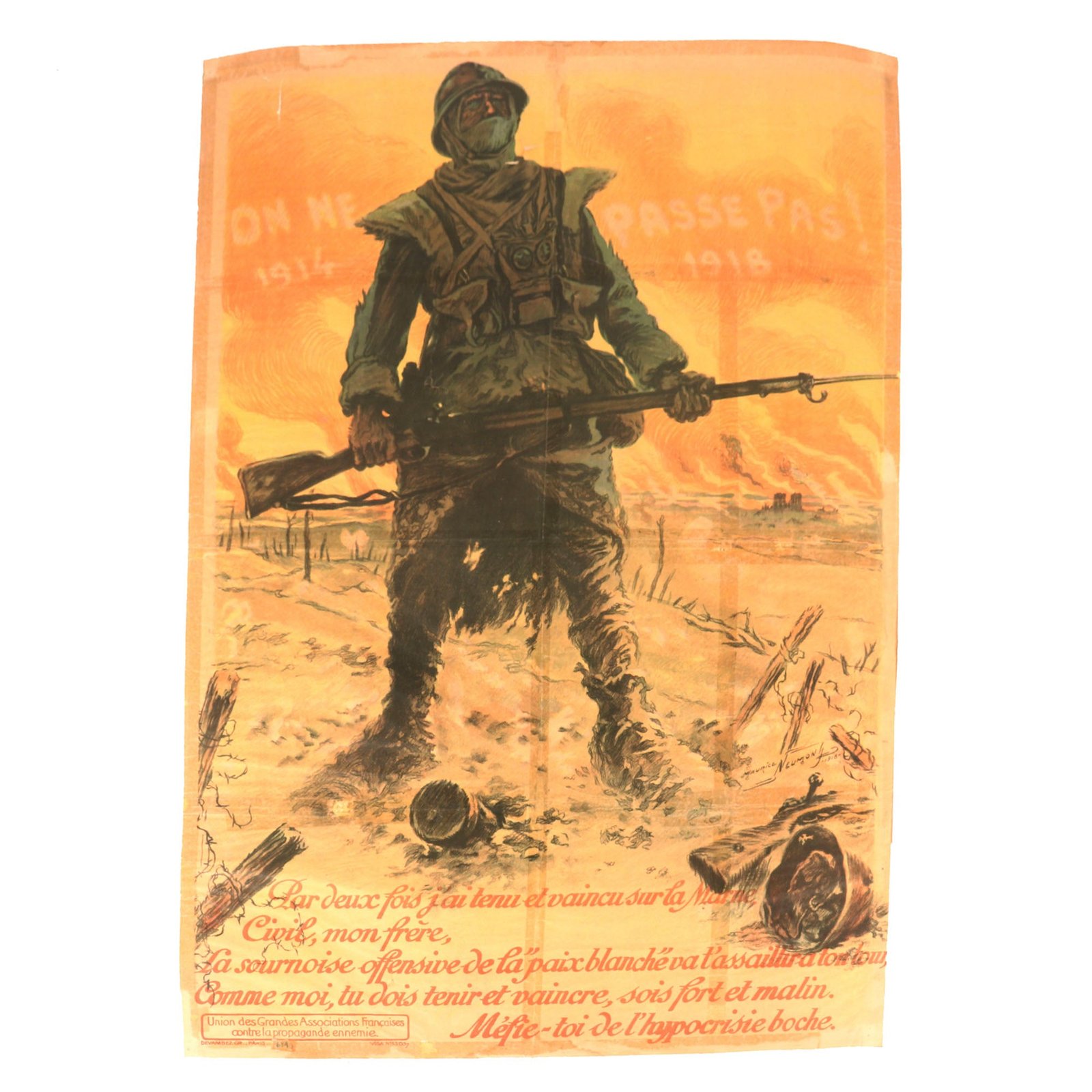 Buy Original French WWI Extremely Scarce “They Shall Not Pass” 1918 Propaganda Poster by Maurice Neumont - 31½ x 45” | Original Firearms Antique For Sale