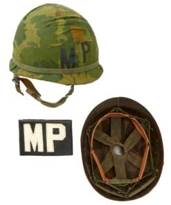 Buy Original U.S. Late Vietnam War Era Military Police M1 Helmet with 1974 Dated Camouflage Cover, Liner and Leather ‘MP’ Brassard | Original Firearms Antique For Sale