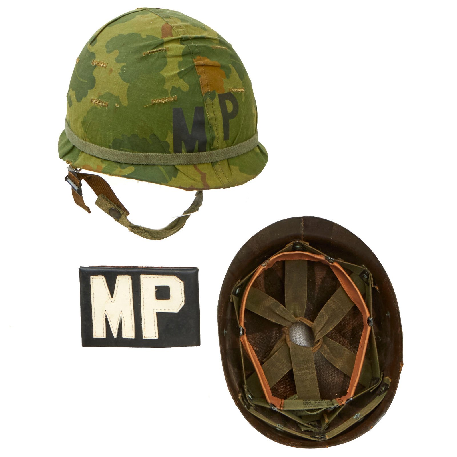 Buy Original U.S. Late Vietnam War Era Military Police M1 Helmet with 1974 Dated Camouflage Cover, Liner and Leather ‘MP’ Brassard | Original Firearms Antique For Sale