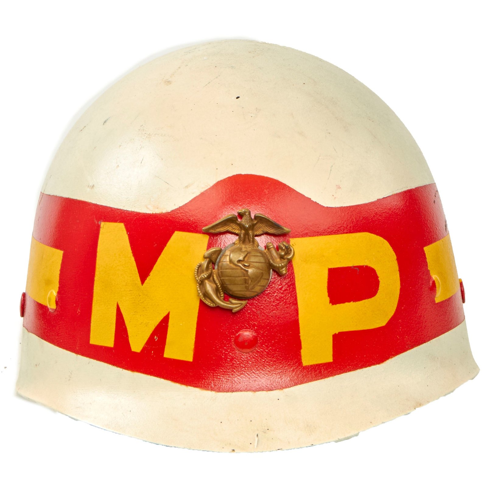 Buy Original U.S. Korean War Era WWII Reissued US Marine Corps Military Police Painted M1 Helmet Liner By Firestone With EGA | Original Firearms Antique For Sale