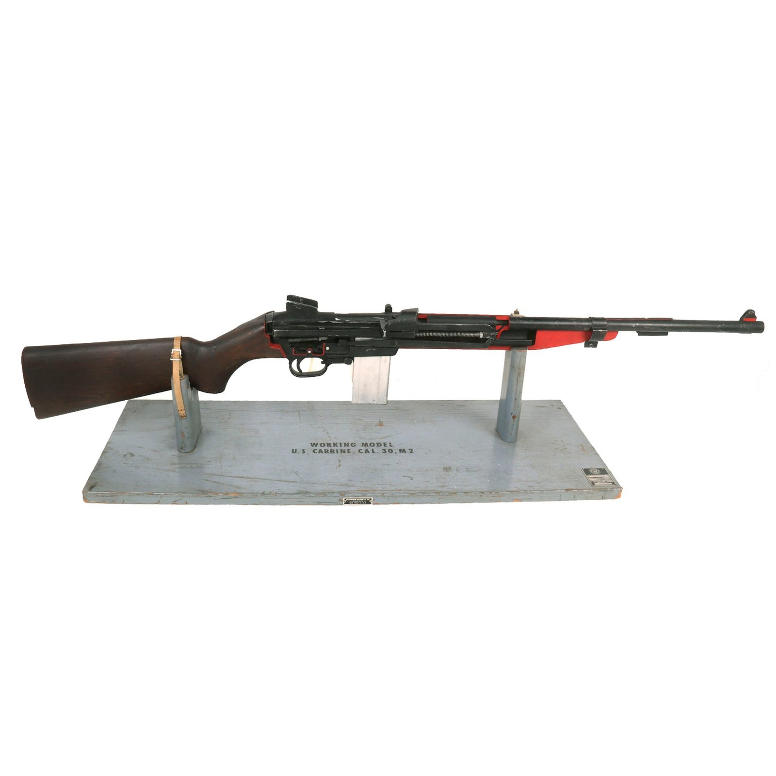 Buy Original U.S. WWII Marine Corps Large Scale M2 Carbine Cutaway Trainer on Original Display Base with U.S.N. Special Devices Center Tag - Manufactured by Dellenbarger Machine Co. | Original Firearms Antique For Sale