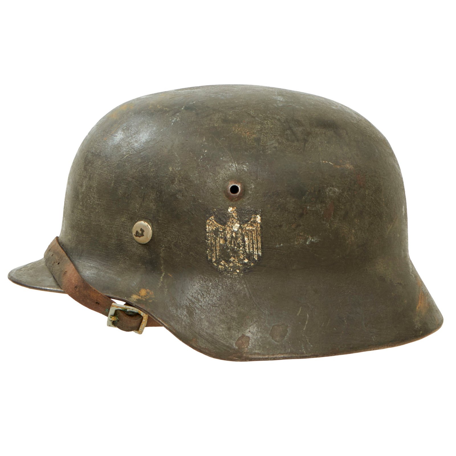 Buy Original German WWII Extra Large Army Heer M35 Double Decal Helmet with 1939 Dated 61cm Liner & Chinstrap - NS68 | Original Firearms Antique For Sale