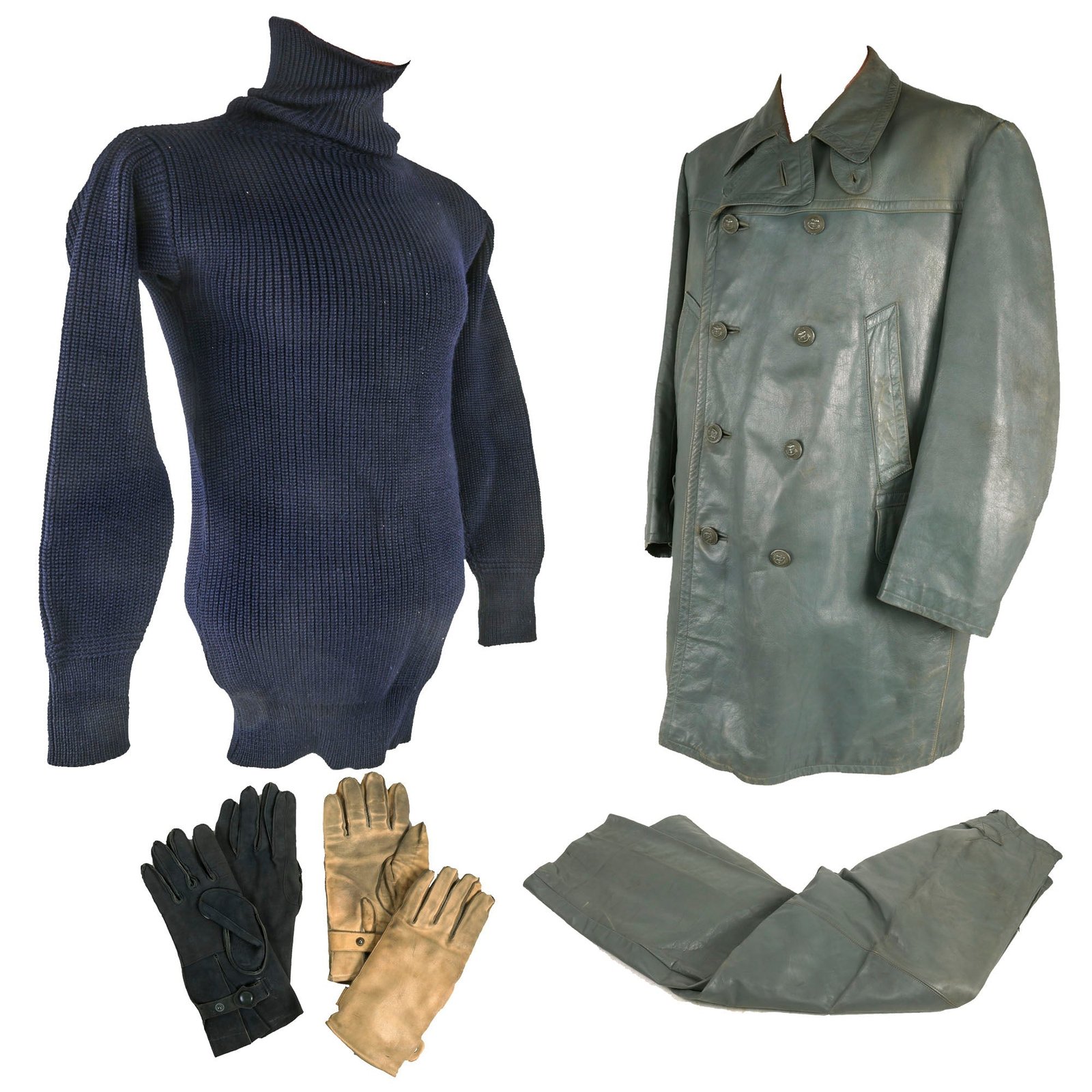 Buy Original German WWII 1943 Dated Kriegsmarine U-Boat Double Breasted Leather Deck Jacket and Trousers Set with 2 Pairs of Gloves & Blue Sweater | Original Firearms Antique For Sale