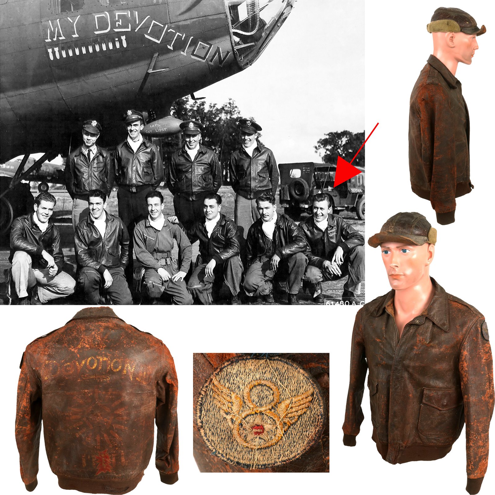 Buy Original U.S. WWII B-17 My Devotion Painted A-2 Jacket and B-2 Hat Named to Waist Gunner Robert L. Allman - 8th Air Force, 388th Bombardment Group, 563rd Bomb Squadron | Original Firearms Antique For Sale
