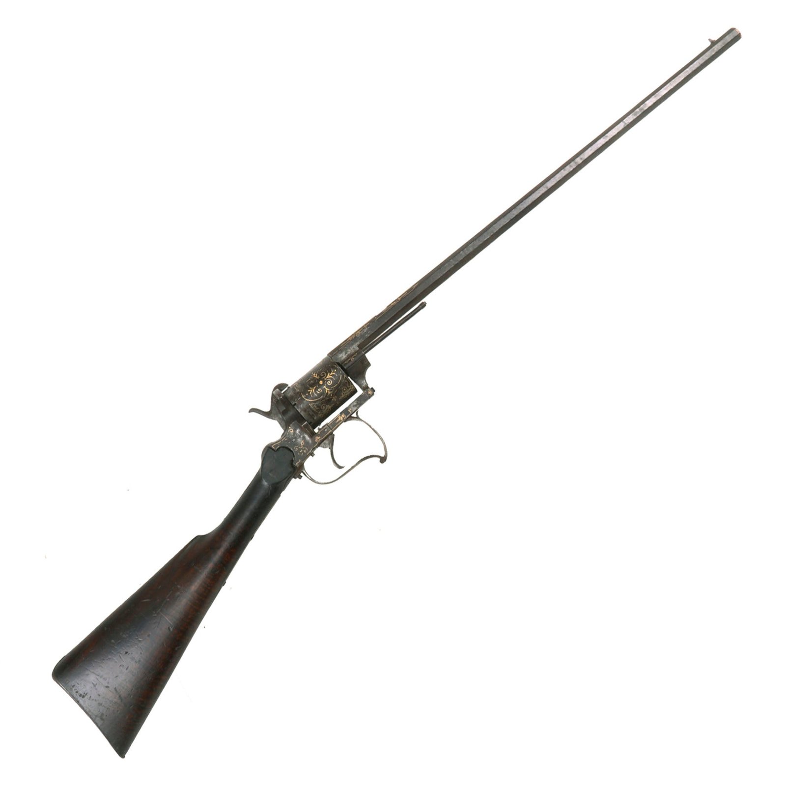Buy Original French 14mm Pinfire Double Action Gold Inlaid Revolving Rifle with Figured Stock - Circa 1860 | Original Firearms Antique For Sale