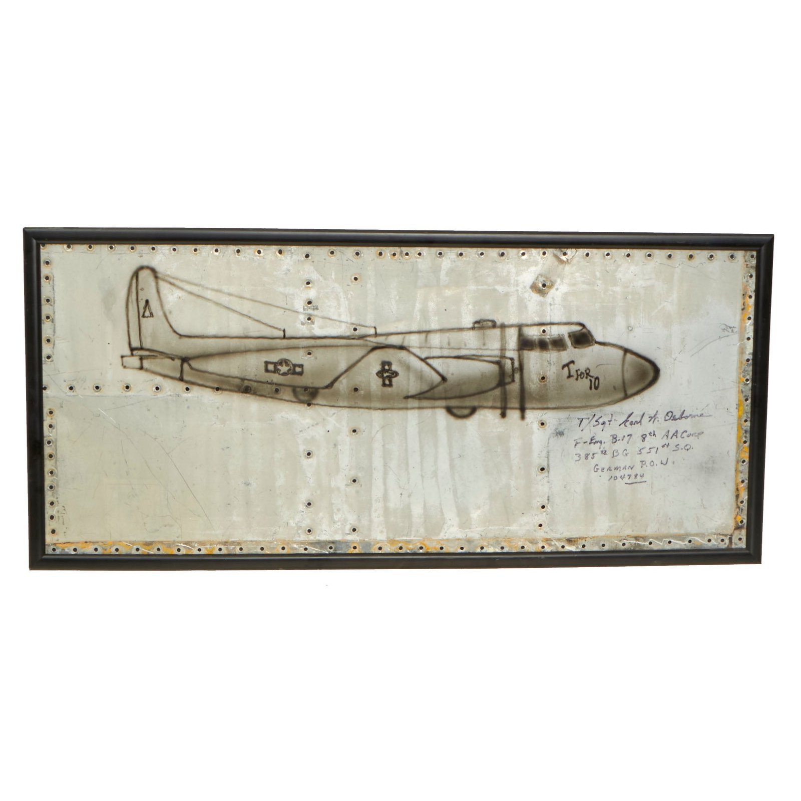Buy Original U.S. WWII Framed Aircraft Skin “Trench Art” P of B-17 “T For 10”, Signed Post War by POW (Artist) T/sgt Earl W. Osborne (Top Turret Gunner/Engineer), Shot Down April 28, 1944 and Sent to Stalag Luft 17b - 27” x 13” | Original Firearms Antique For Sale