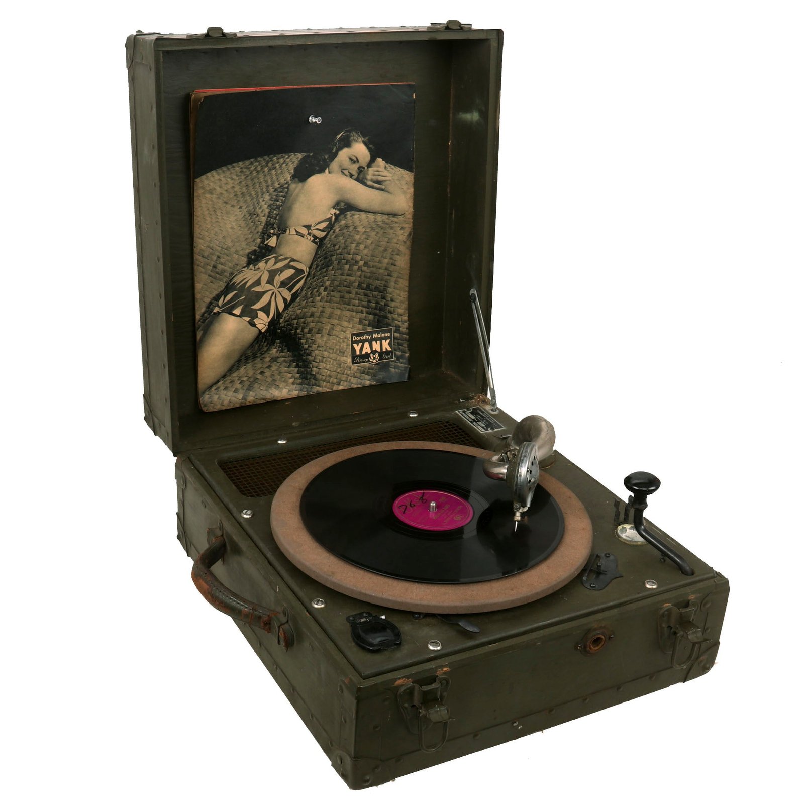 Buy Original U.S. WWII Army Model D-200 Record Player by L.M. Sandwick with "Mexican Hat Dance" Record & Apr. 13 1945 Yank Magazine | Original Firearms Antique For Sale