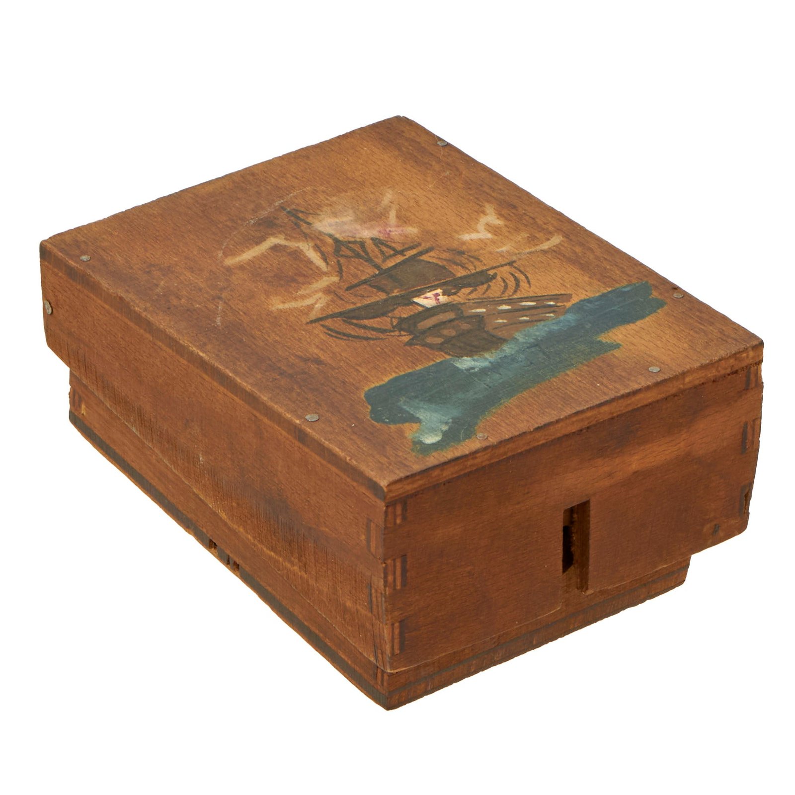 Buy Original WWII German Battlefield Pickup Inert Shoe Mine With Painted “Man O’ War” Style Ship Artwork- Schu-mine 42 | Original Firearms Antique For Sale