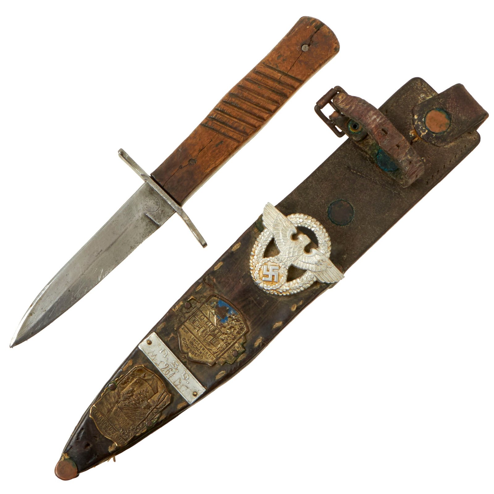 Buy Original German WWI Trench Fighting Knife by DEMAG with WWII USGI Decorated Leather Belt Sheath | Original Firearms Antique For Sale