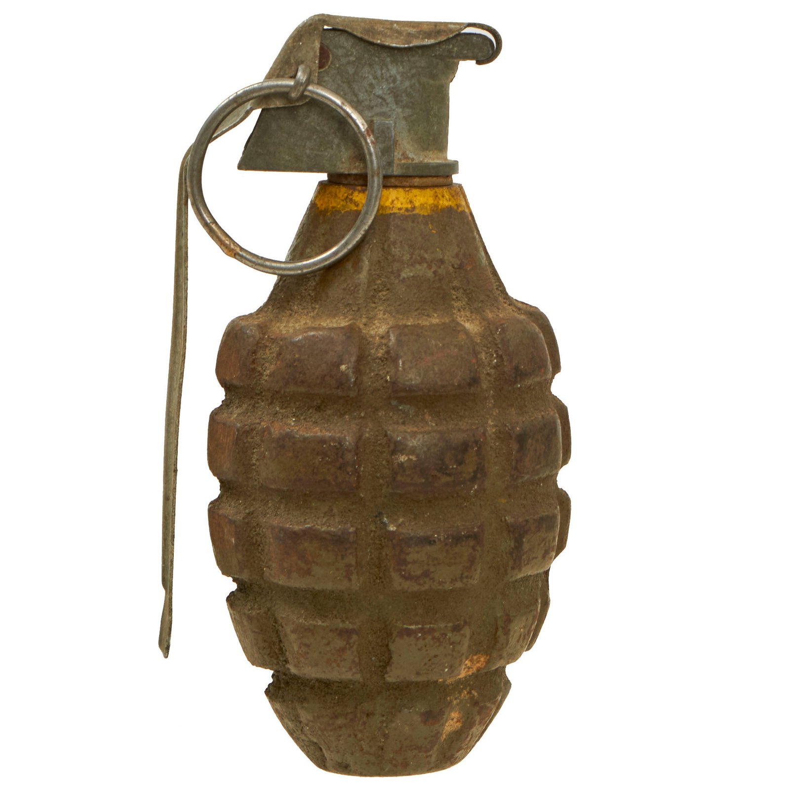 Buy Original U.S. WWII Inert MkII Pineapple Grenade with Yellow Ring with M6A3 Fuze | Original Firearms Antique For Sale