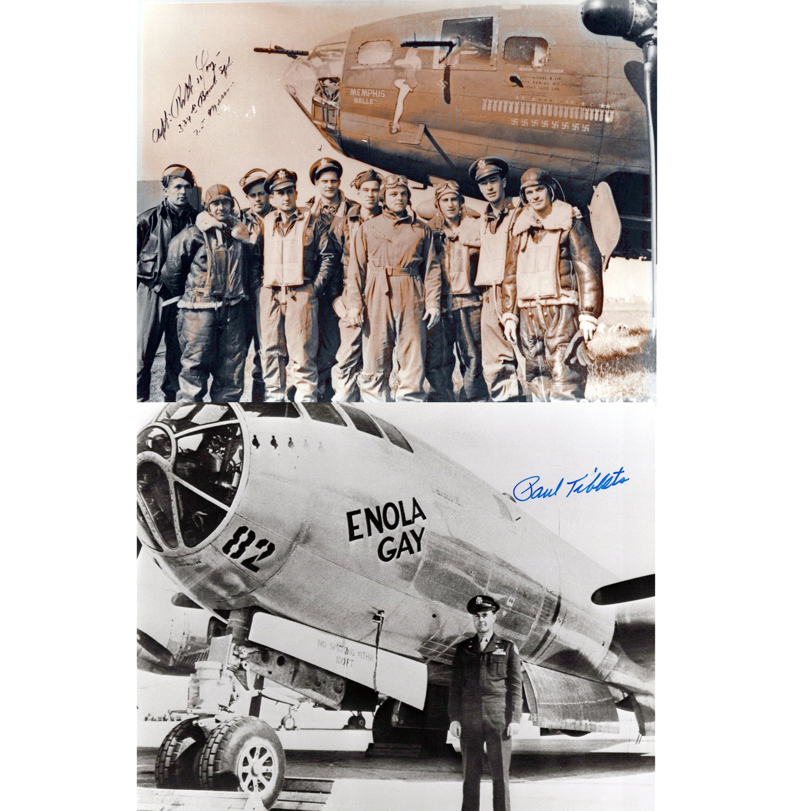 Buy Original U.S. WWII B-17 Memphis Belle Crew Photograph Signed by Captain Bob Morgan and Enola Gay Photo Signed by Paul Tibbets - 8” x 10” with Certificate of Authenticity | Original Firearms Antique For Sale