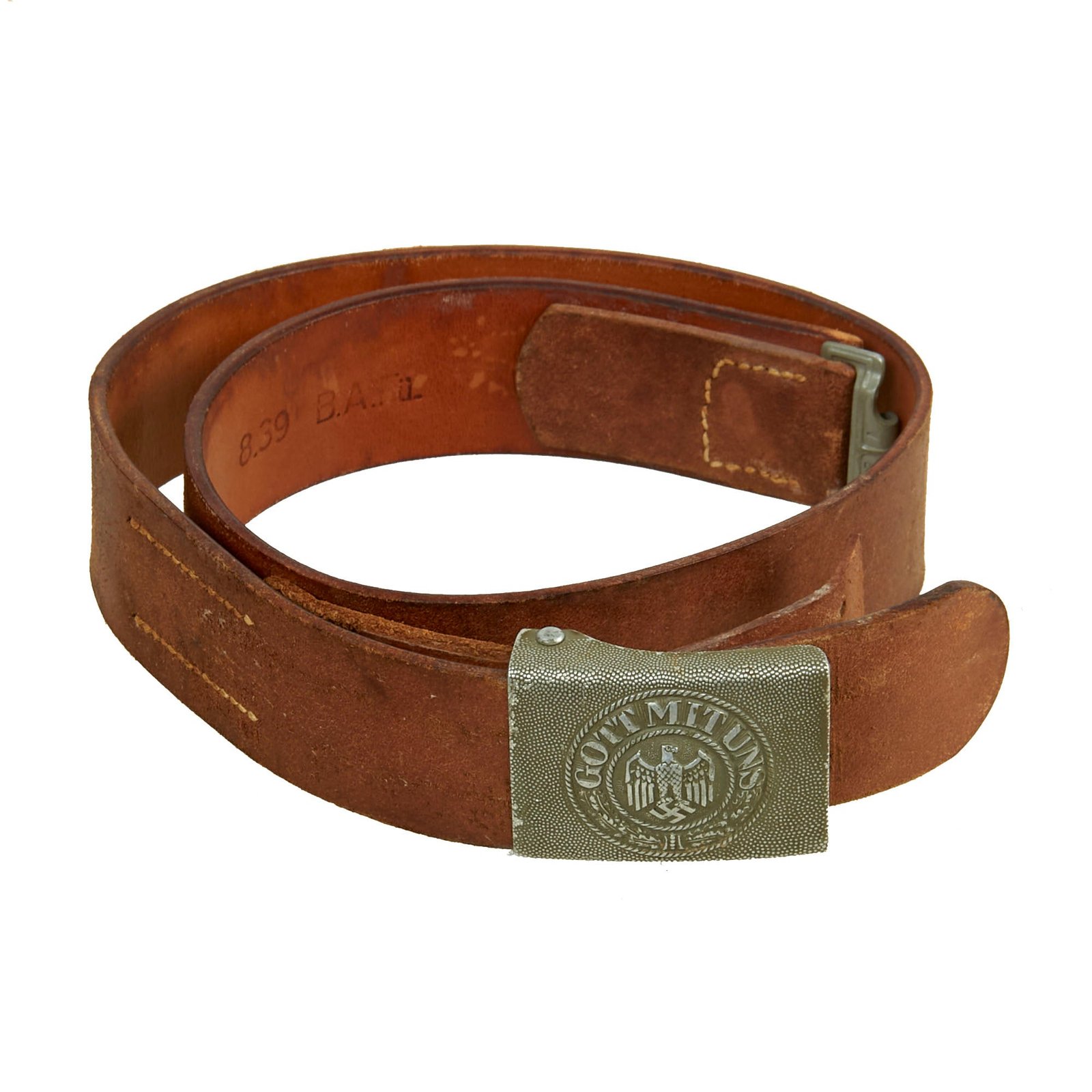 Buy Original German Pre WWII Army Heer EM/NCO Brown Leather Belt with Pebbled Aluminum Buckle by Herman Knoller - dated 1939 | Original Firearms Antique For Sale