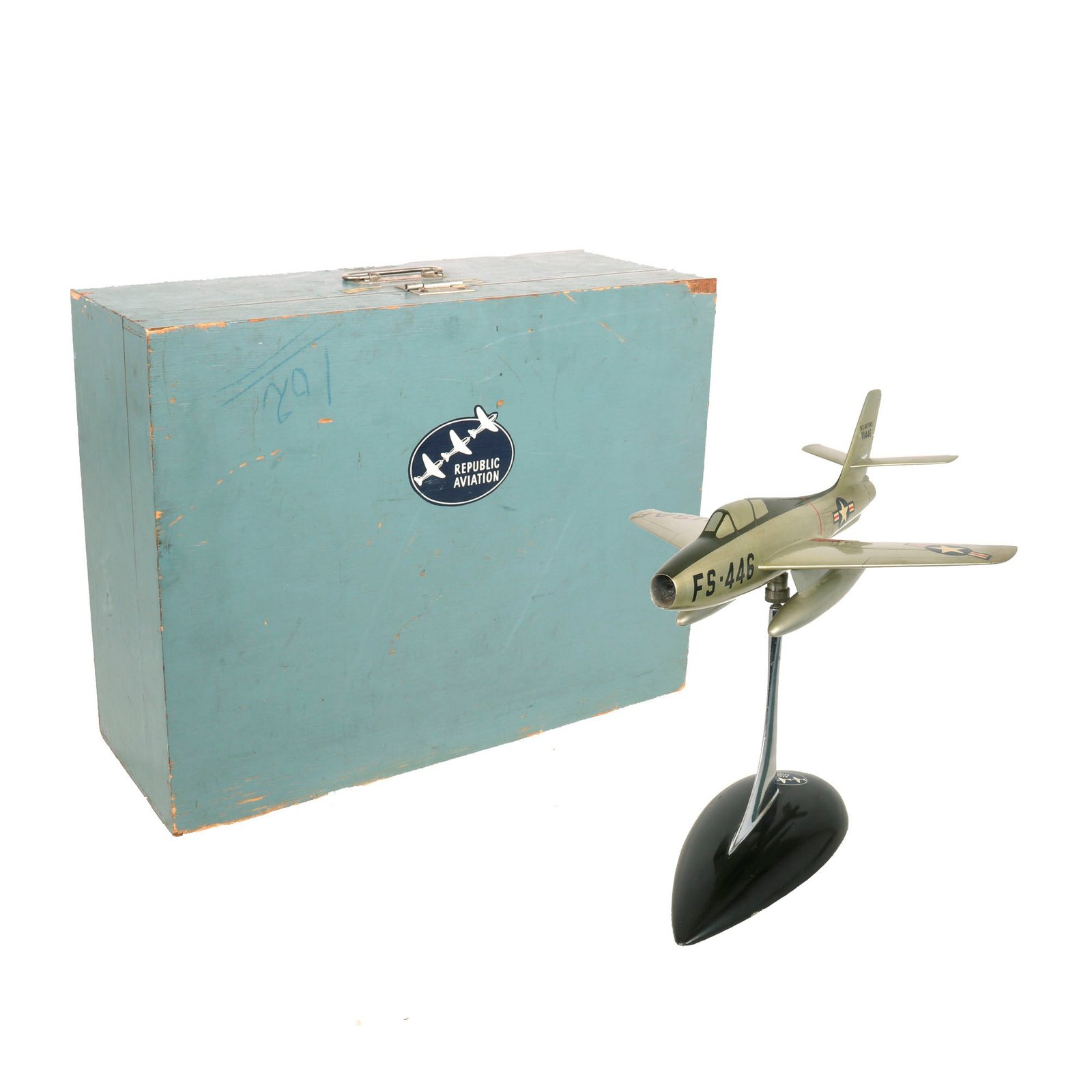 Buy Original U.S. Korean War / Vietnam War Era Republic F-84F Thunderstreak Complete Display Model With Original Wooden Case - Case Measures 20 ½” x 16” x 8” | Original Firearms Antique For Sale