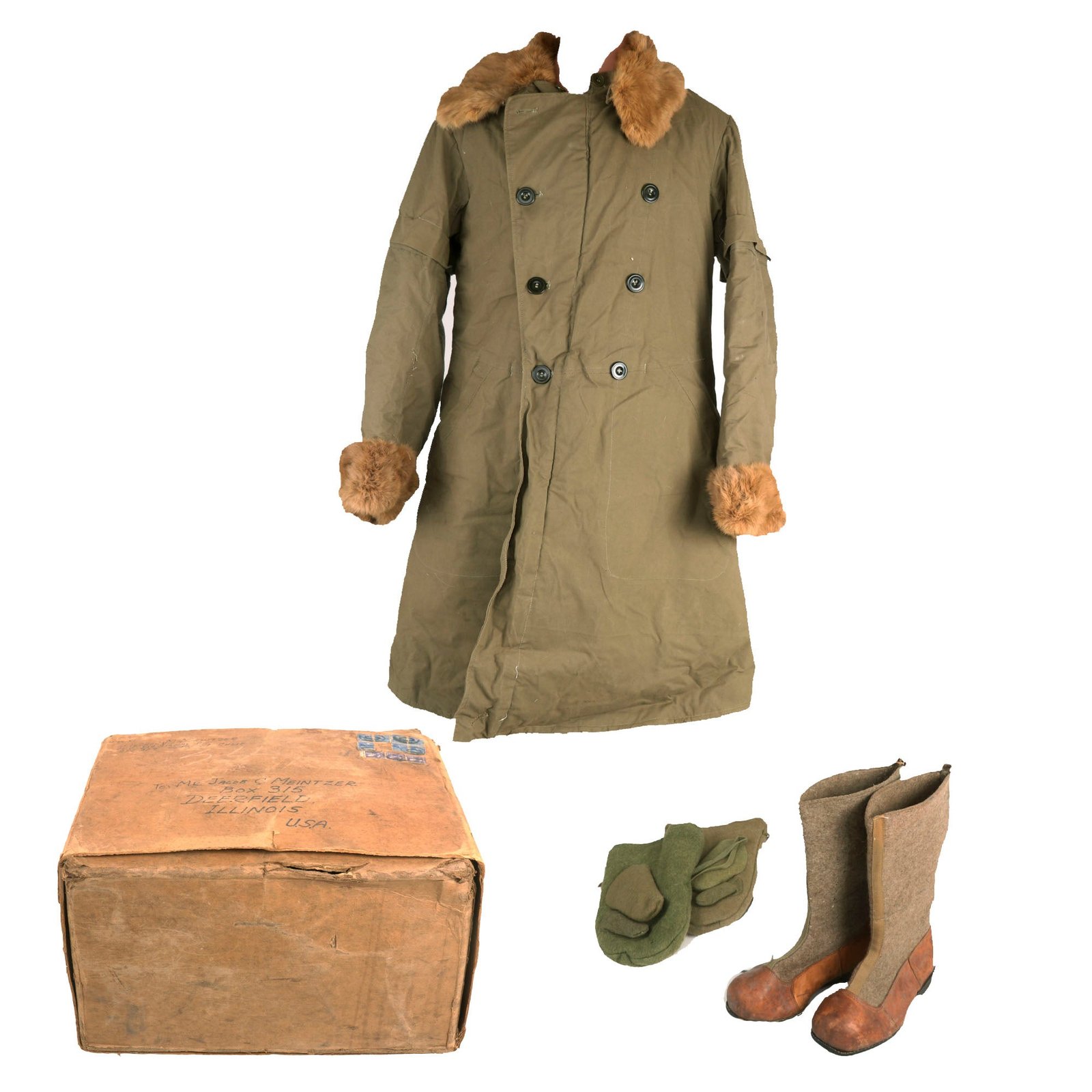 Buy Original U.S. WWII Imperial Japanese Army Cold Weather Gear Bringback Featuring Winter Coat, Boots and Gloves With Paperwork - Sent Home by Lt Vernon M. Meintzer, 82nd Signal BN | Original Firearms Antique For Sale