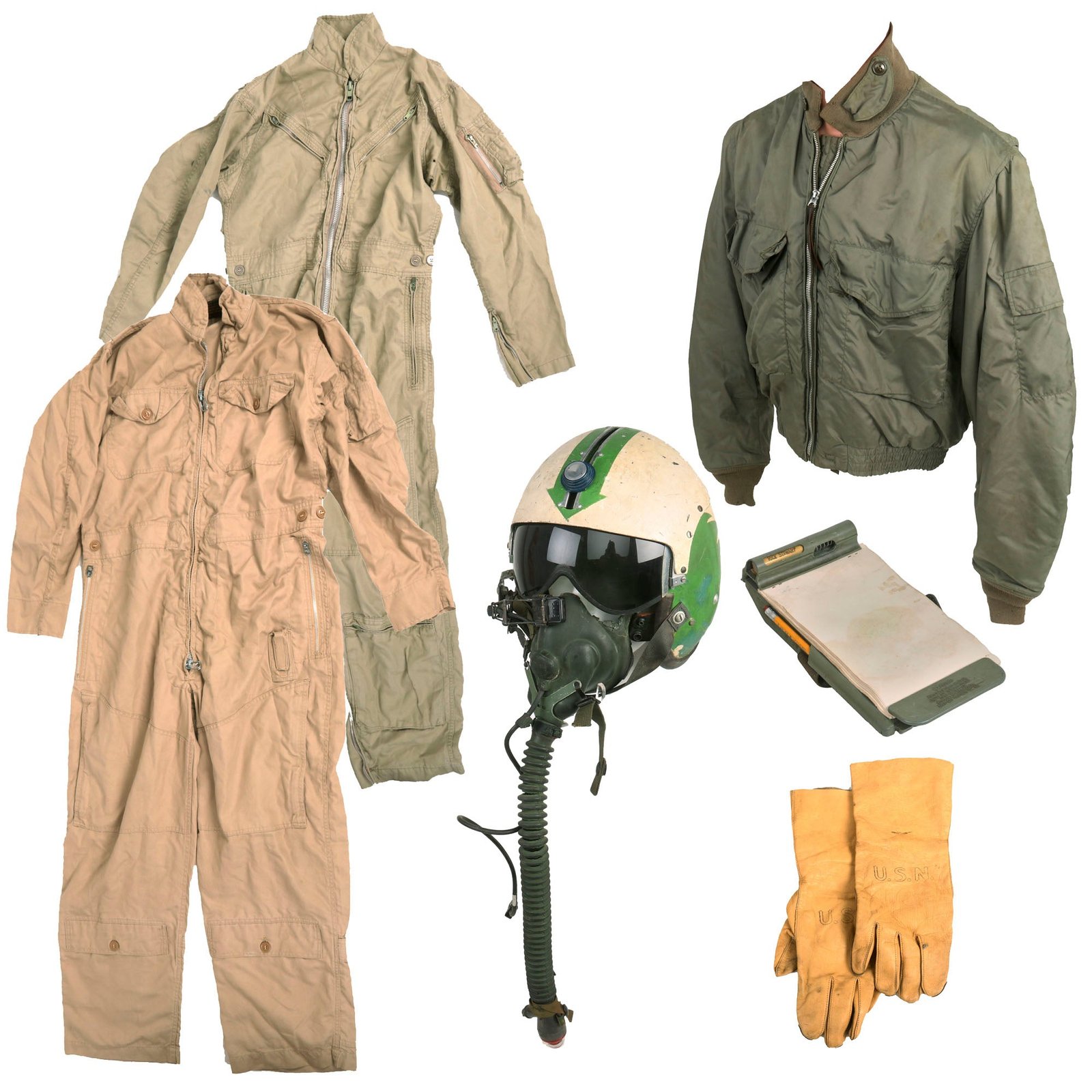 Buy Original Vietnam War Era U.S. Navy Pilot APH-5 Helmet Grouping with Parachute Bag, Helmet Bag, (2) Summer Flying Suits, Mk 2-A Clipboard & More | Original Firearms Antique For Sale