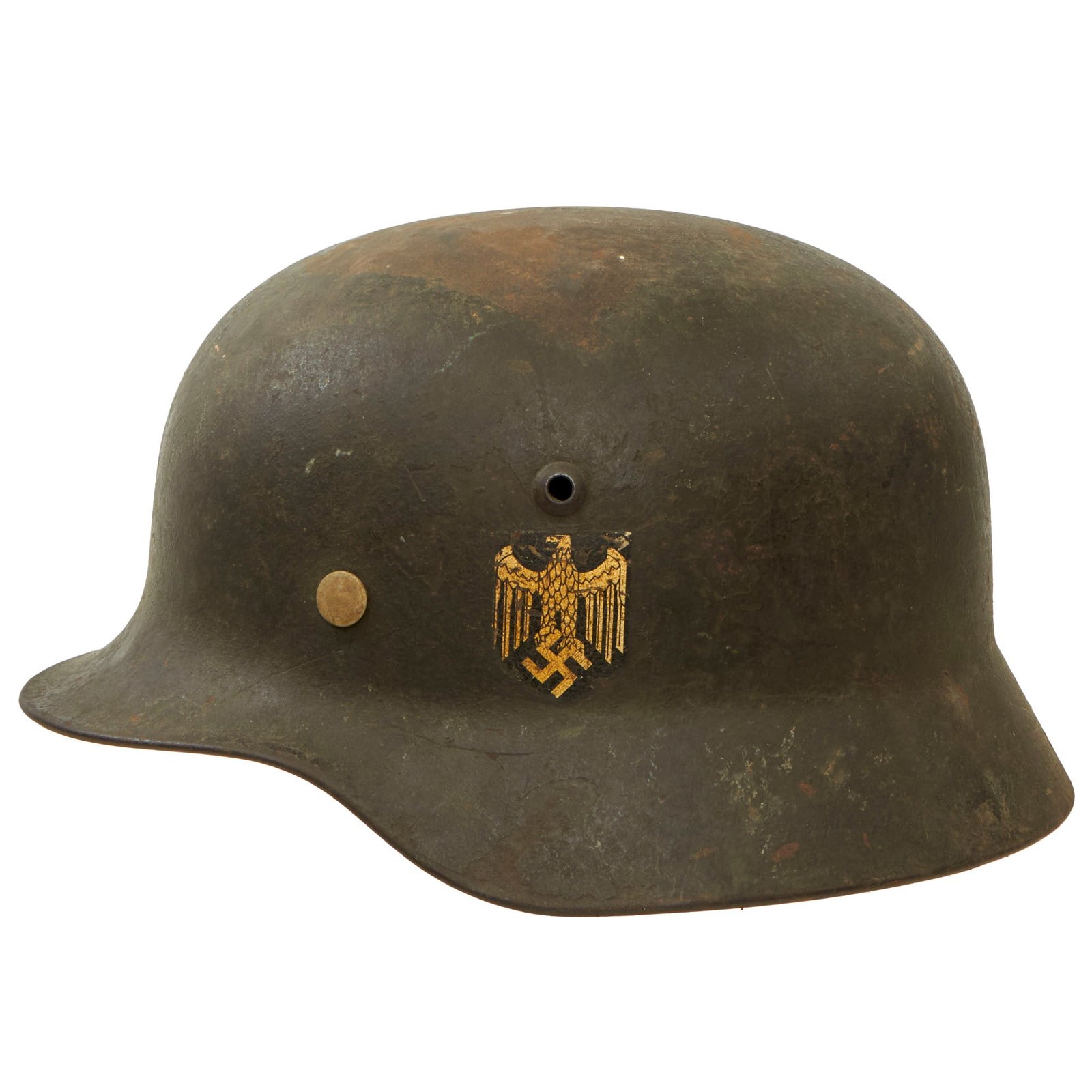 Buy Original German WWII Army Heer M35 Double Decal Helmet with 1938 Dated 57cm Liner & Partial Chinstrap - Stamped Q64 | Original Firearms Antique For Sale